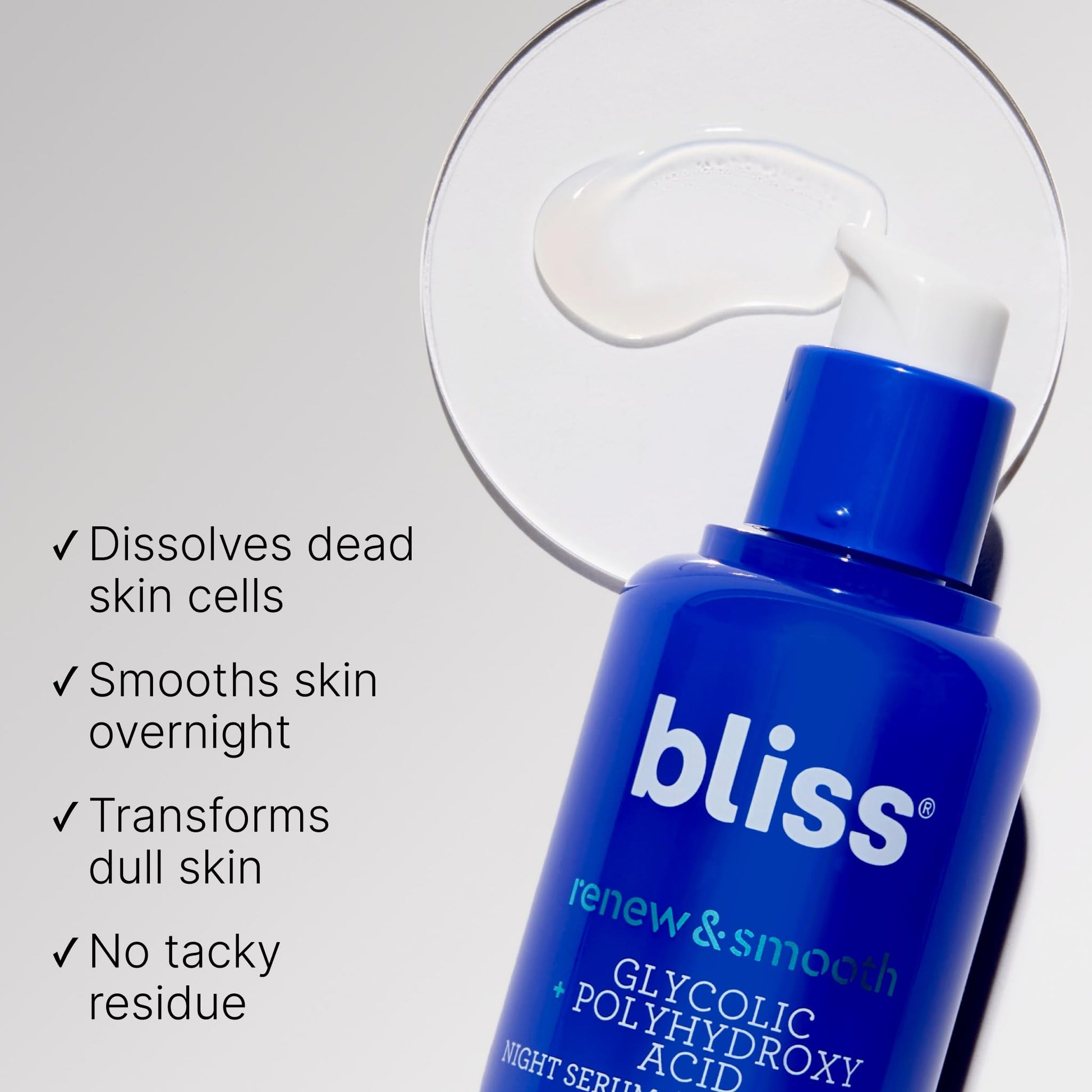 Bliss Renew & Smooth Sérum de noche, resurfacing suero facial con ácido glicólico y polihidroxi, limpio, sin crueldad, sin parabenos, vegano, 1 oz