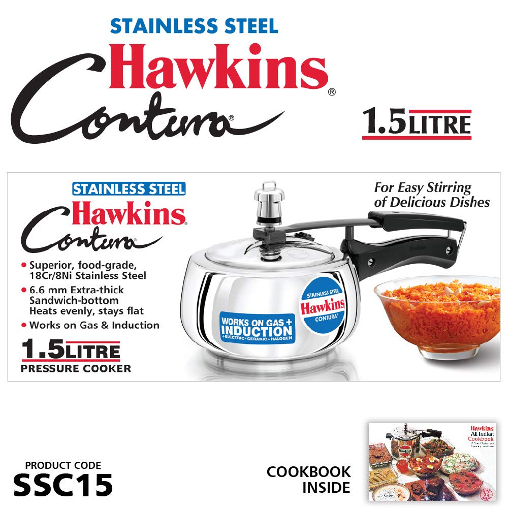 HAWKINS Contura - olla de presión de acero inoxidable para estufas de inducción, gas y eléctricas (1,5 litros), plata (SSC15)