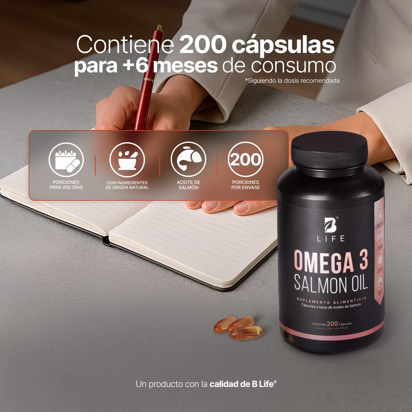 Aceite Omega 3 B Life Salmón Puro 200 Cápsulas 1000 mg Ingredientes Naturales