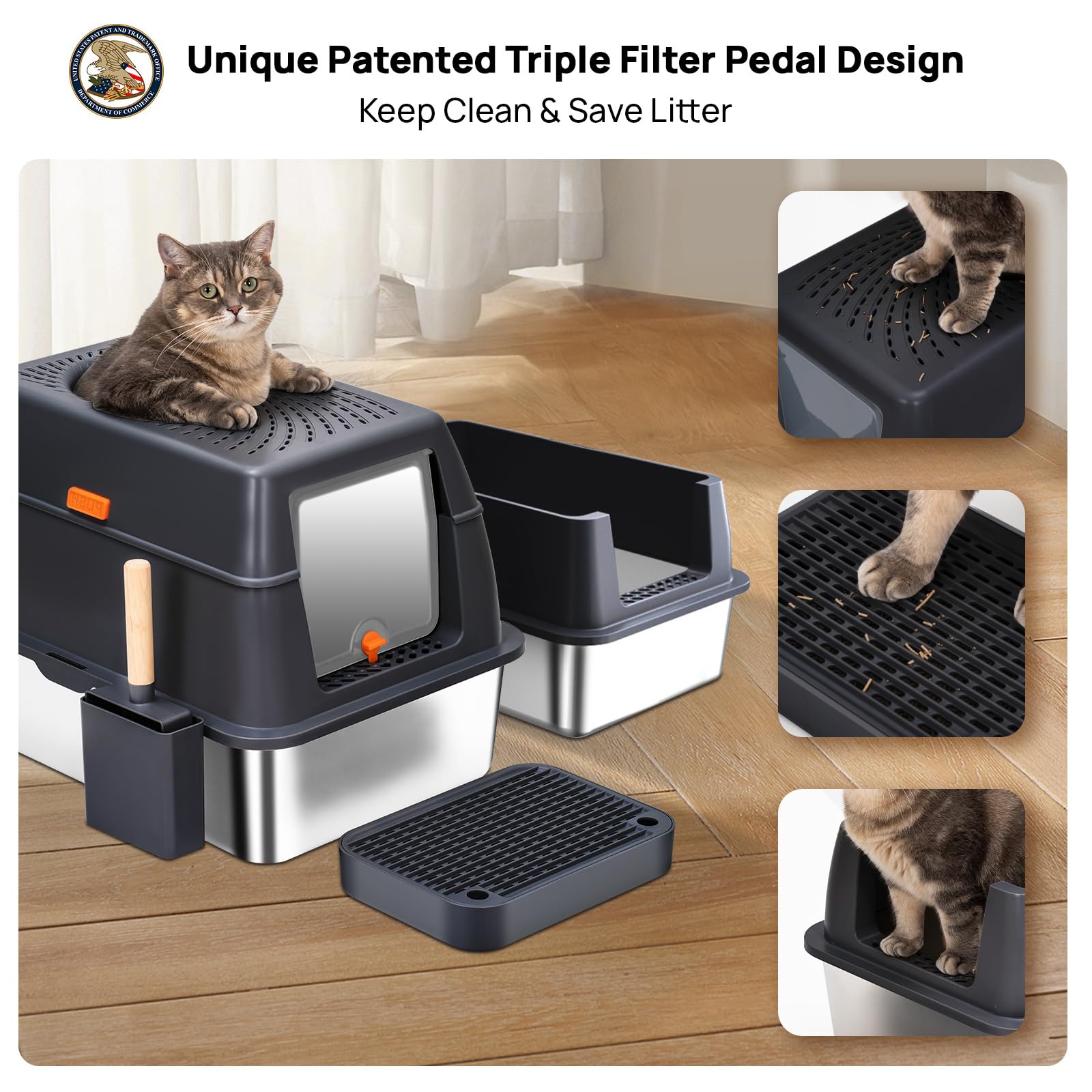 BEST JAJA Arenero de Acero Inoxidable con Tapa, de Metal Sus304, para Gatos, Cerrado, Extragrande, de Pared Alta, Jumbo con Triple Pedal, Antiadherente, Antifugas (XL, Negro)
