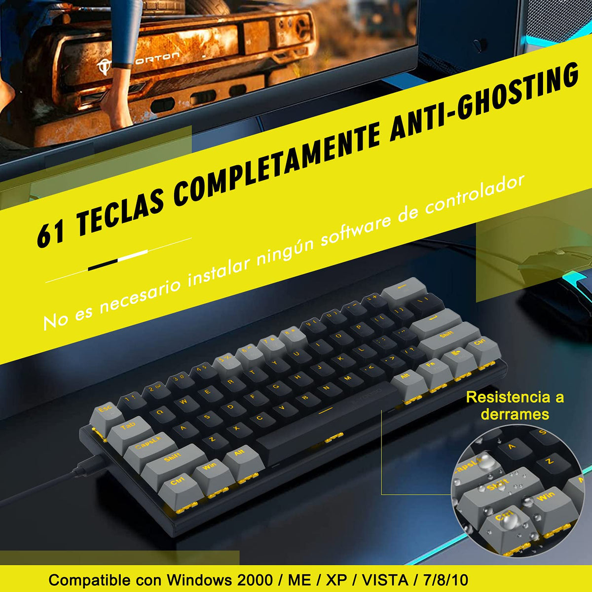 Teclado Mecánico TERPORT Z11 Amarillo Compacto 60% Gaming Alámbrico Anti-Ghosting