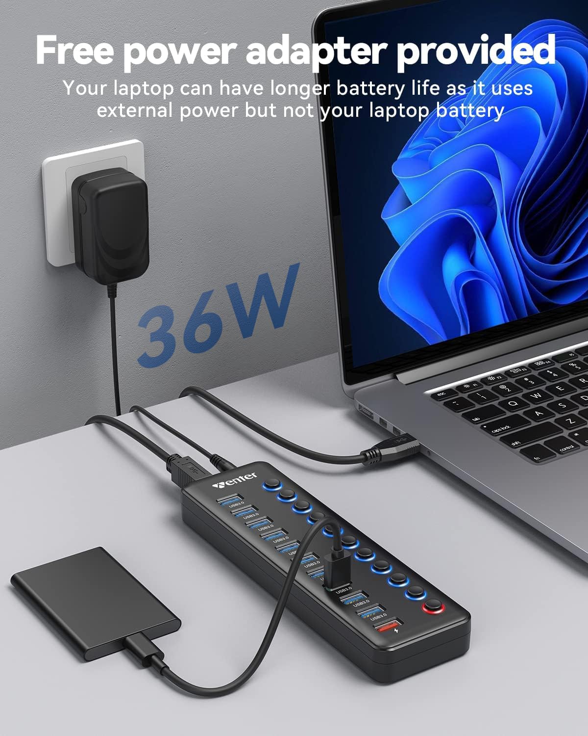 Concentrador USB Wenter Alimentación LED 11 Puertos Transferencia Rápida y Carga Inteligente