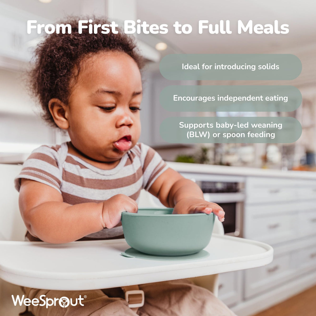 WeeSprout - Cuencos de succión para bebés y niños pequeños (juego de 2), 100% silicona con tapa de plástico, suministros de alimentación a prueba de fugas, vajilla para bebés y microondas con base