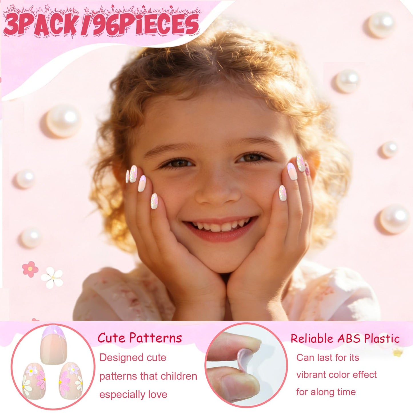 OPkssnails 96 uñas postizas para niños, 3 paquetes de uñas postizas ovaladas cortas con forma de flor para niñas adolescentes de 8 a 12 años, con lima y pulidor de uñas, 16