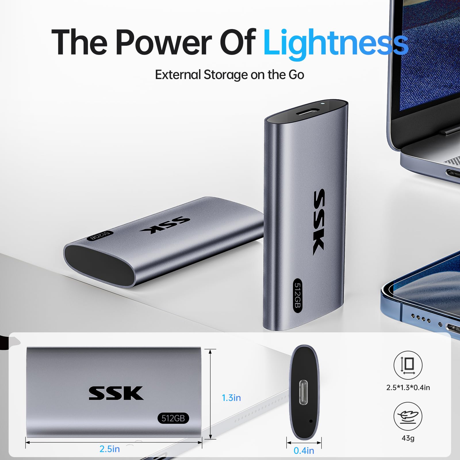 Disco Duro Externo SSK SSD 512 GB Portátil 550 MB/s USB 3.2 Gen2 con Luz LED Compatible iPhone Win Mac Android