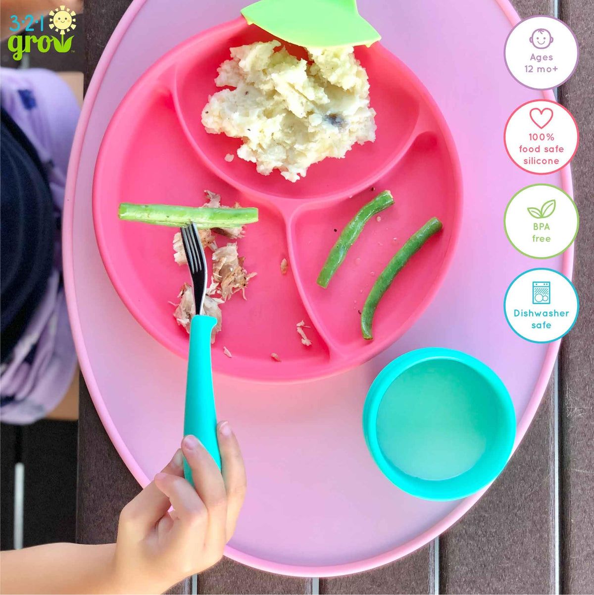 321 Grow • Juego de cuchara y tenedor Eat with Me • Utensilios seguros para niños y niños • Juego de 4 piezas • Acero inoxidable con mango de silicona • 12 meses + (medianoche)