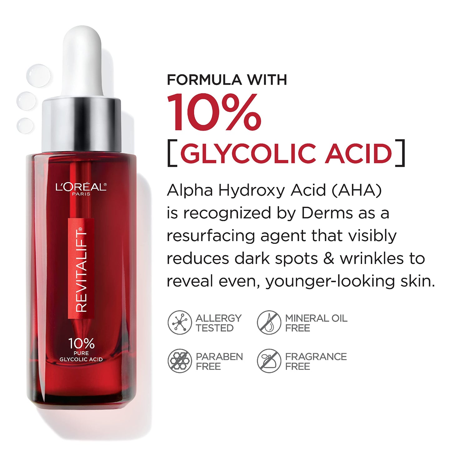 Pure Glycolic Acid Face Serum By L’Oreal Paris Skin Care I Revitalift Derm Intensives 10% Glycolic Acid Serum I Dark Spot Corrector To Even Tone & Reduce Wrinkles I 1.0 Oz