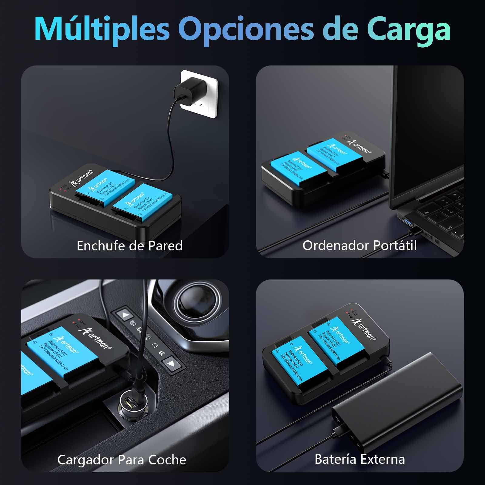 Artman 2-Pack LP-E17 Baterías y Cargador Rápido Dual USB para Canon EOS R50 RP R10 R8,Rebel T8i, T7i, T6i, T6s, SL2, SL3, EOS M3, M5, M6, EOS 200D, 77D, 750D, 760D, 800D, 8000D, Cámara réflex digital