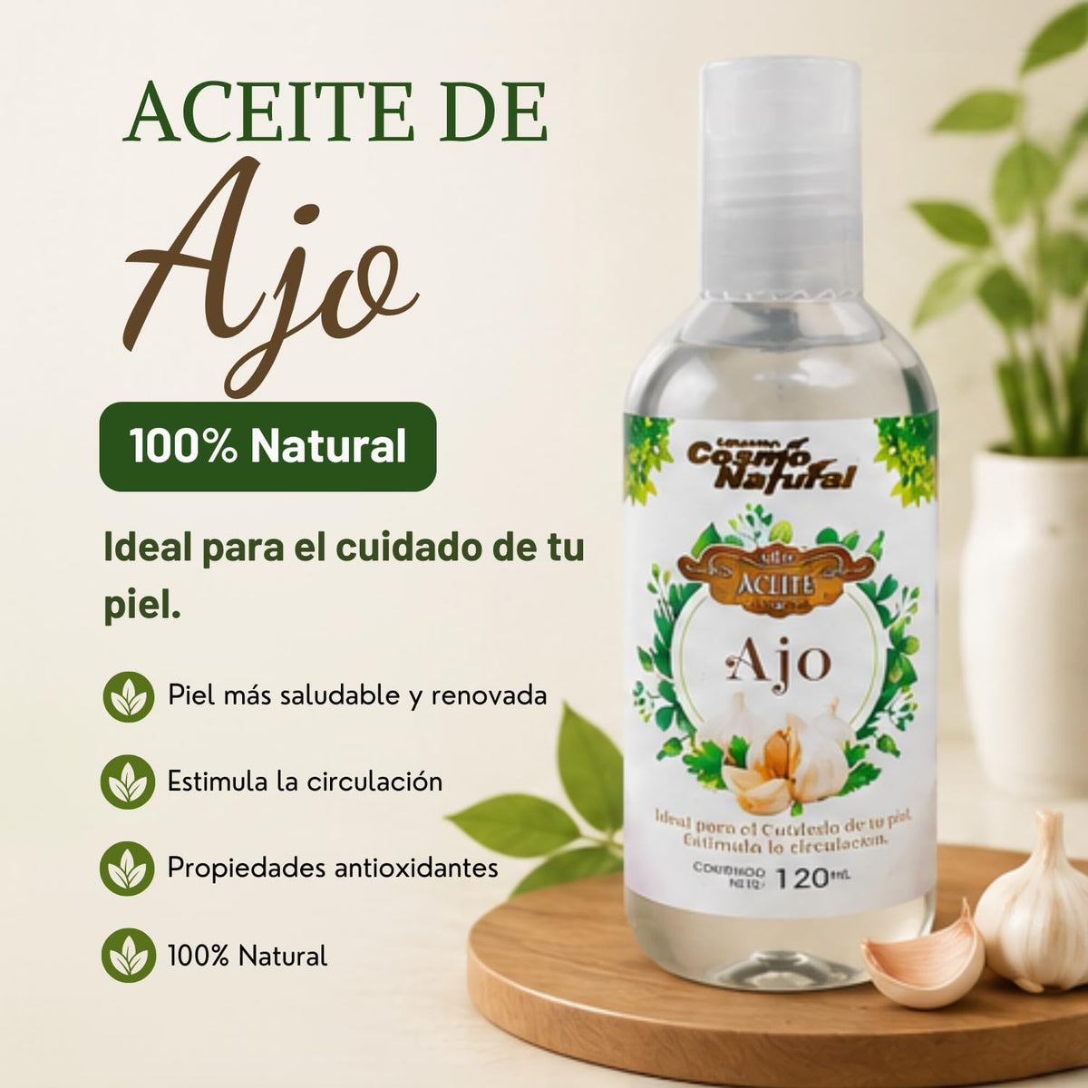 Aceite Corporal de Ajo Cosmo Natural, Purificante y Bienestar Muscular 120ml