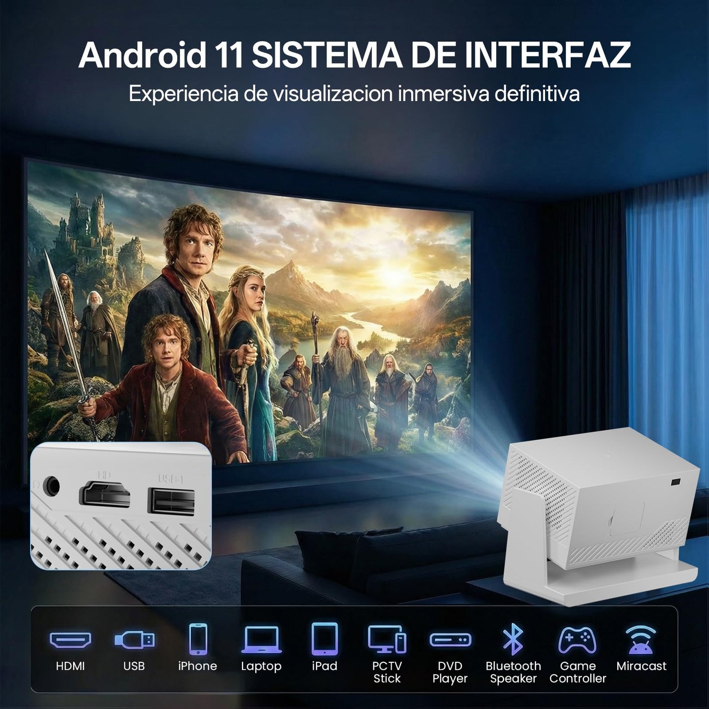 AOSO Proyector Portatil Ldeal para Ver Copa Mundial，1080P & 4K Proyectores Inteligente, 4000+ Apps con Prime Video, Estándar 300 ANSI Mini Proyector，Bluetooth5.2 & WiFi 6 con HDMI(Blanco