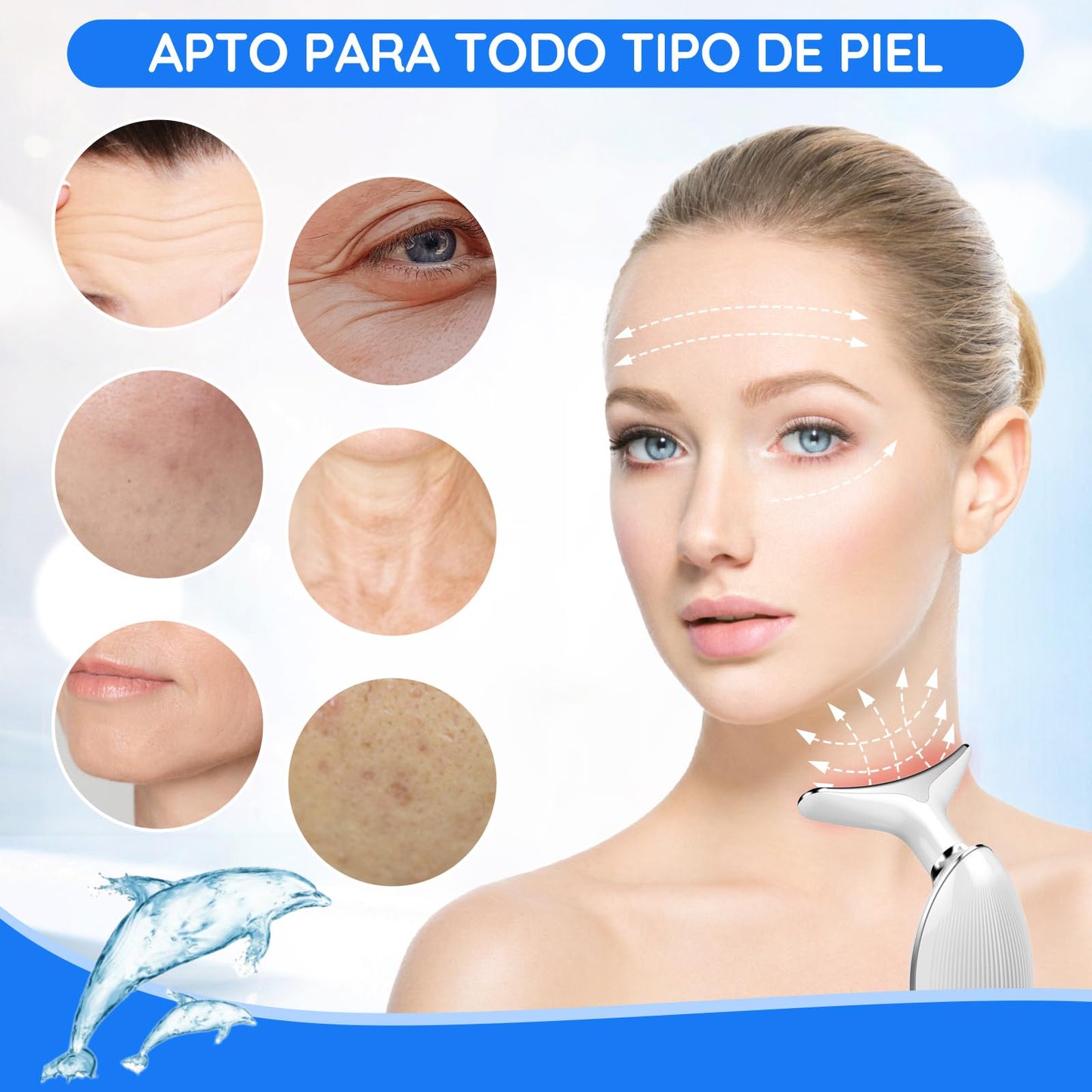 Masajeador Facial Cuello, Antiarrugas Masajeador de Belleza con 3 Modos, Máquina Belleza Facial Electrico con Luz LED, Masajeador de Cuello Portátil, Antienvejecimiento, Limpieza Profunda Piel