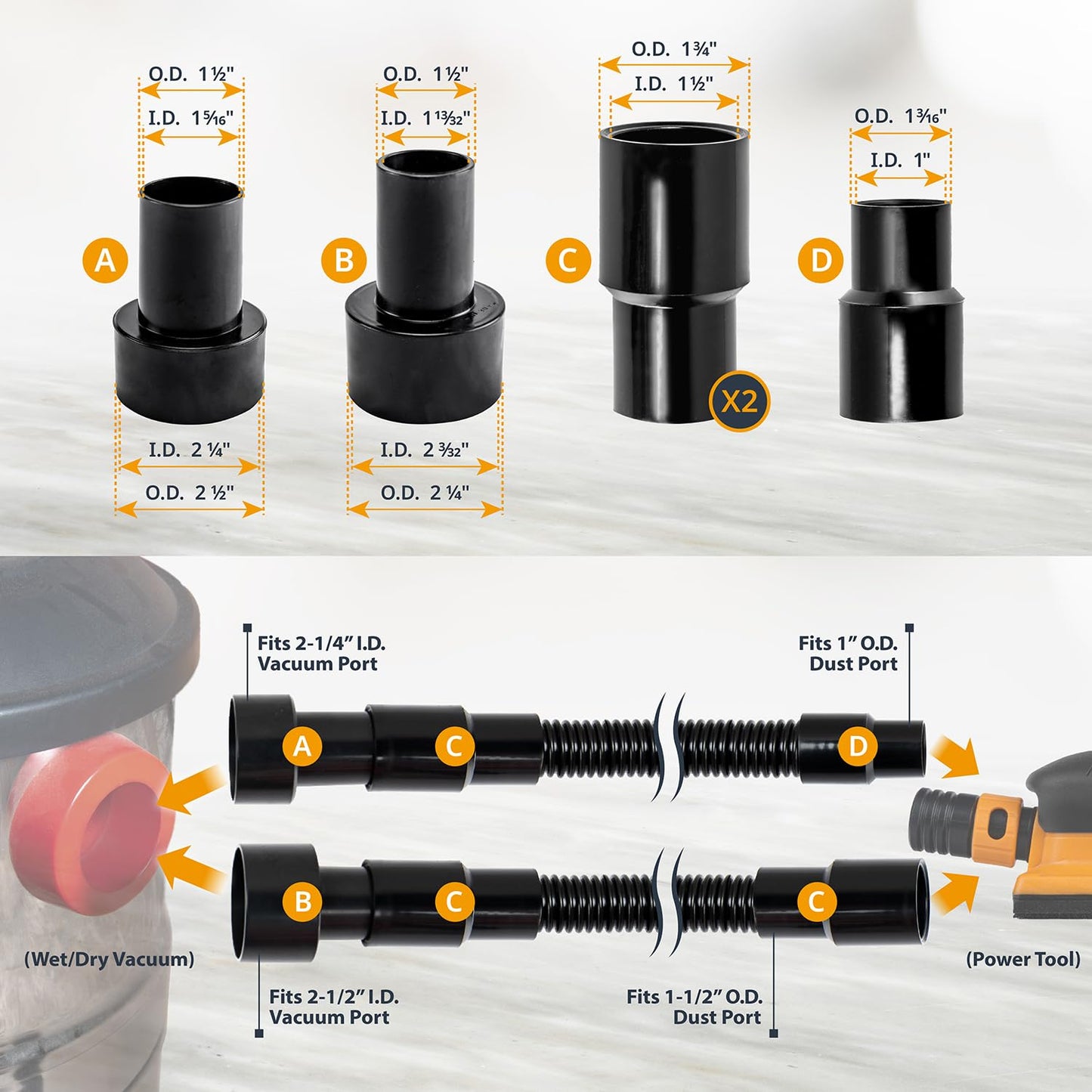 Kit de Manguera de Recogida de Polvo POWERTEC 70347 de 10 Pies con Accesorios para Herramientas de Carpintería y Aspiradoras en el Hogar