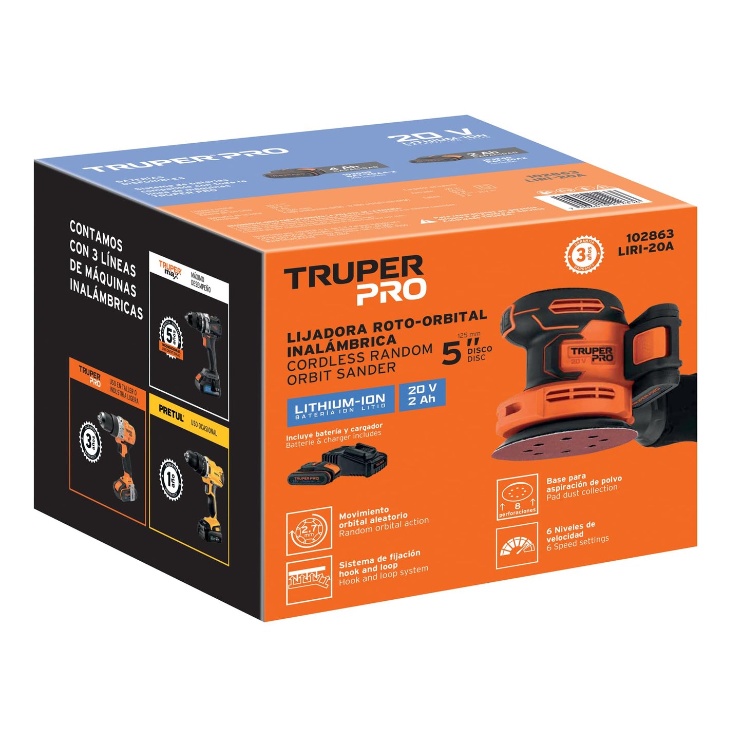 Lijadora Roto-Orbital Truper PRO LIRI-20A Inalámbrica 20 V con Batería y Cargador