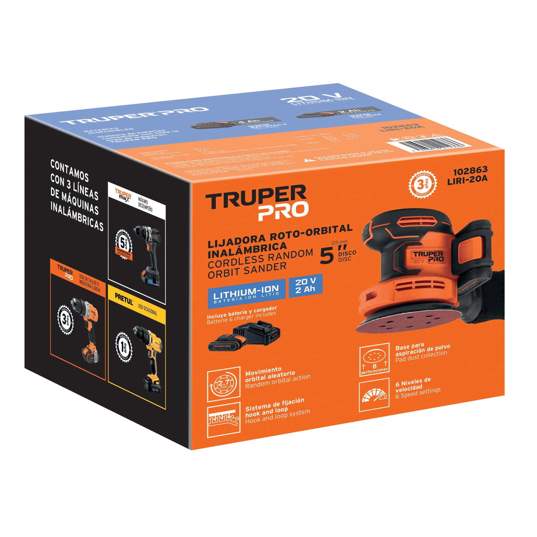 Lijadora Roto-Orbital Truper PRO LIRI-20A Inalámbrica 20 V con Batería y Cargador