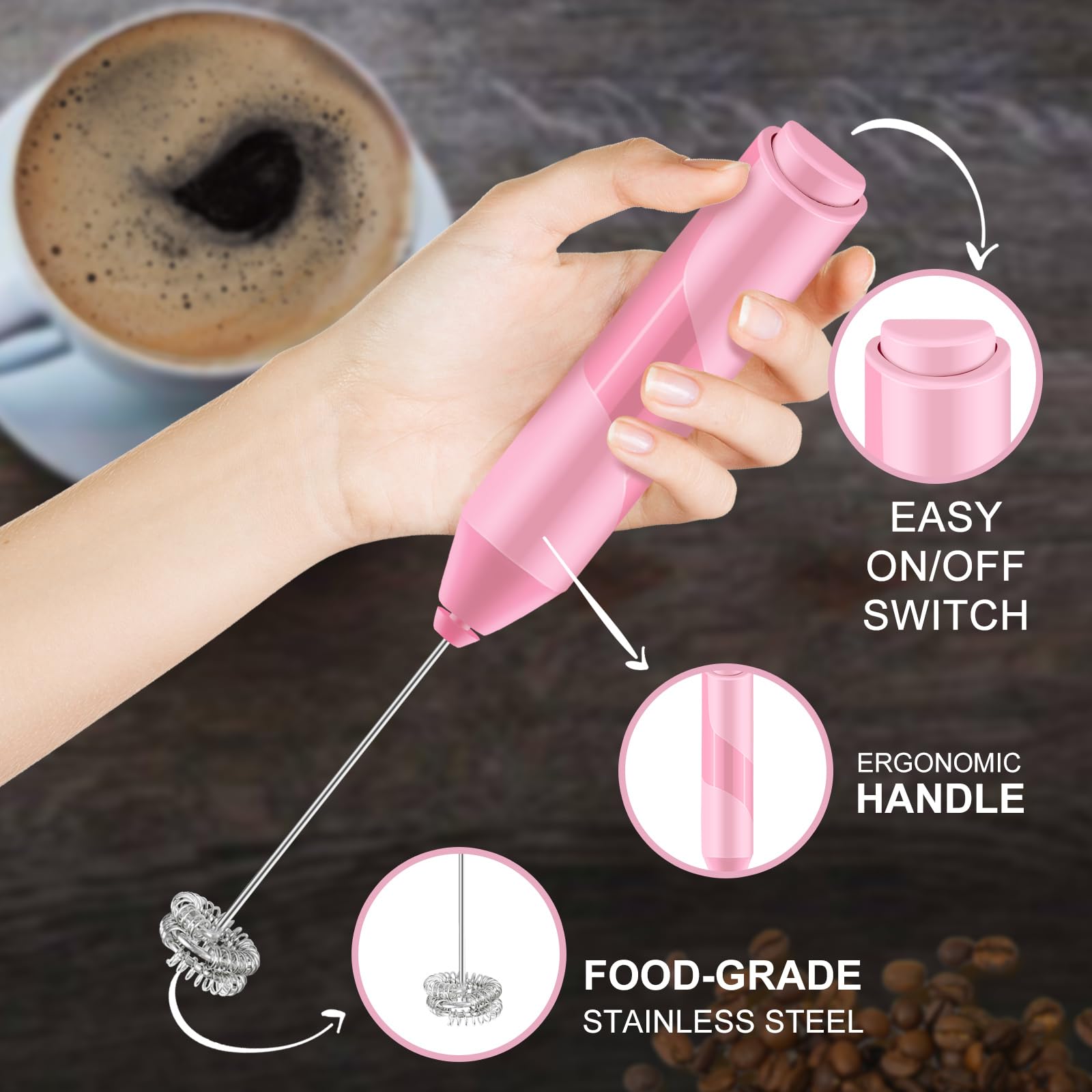 Espumador de leche doble batidor, batidora eléctrica de mano, mezclador de bebidas con agitador de acero inoxidable de grado alimenticio, máquina de espuma con pilas para café, capuchino, Matcha, café