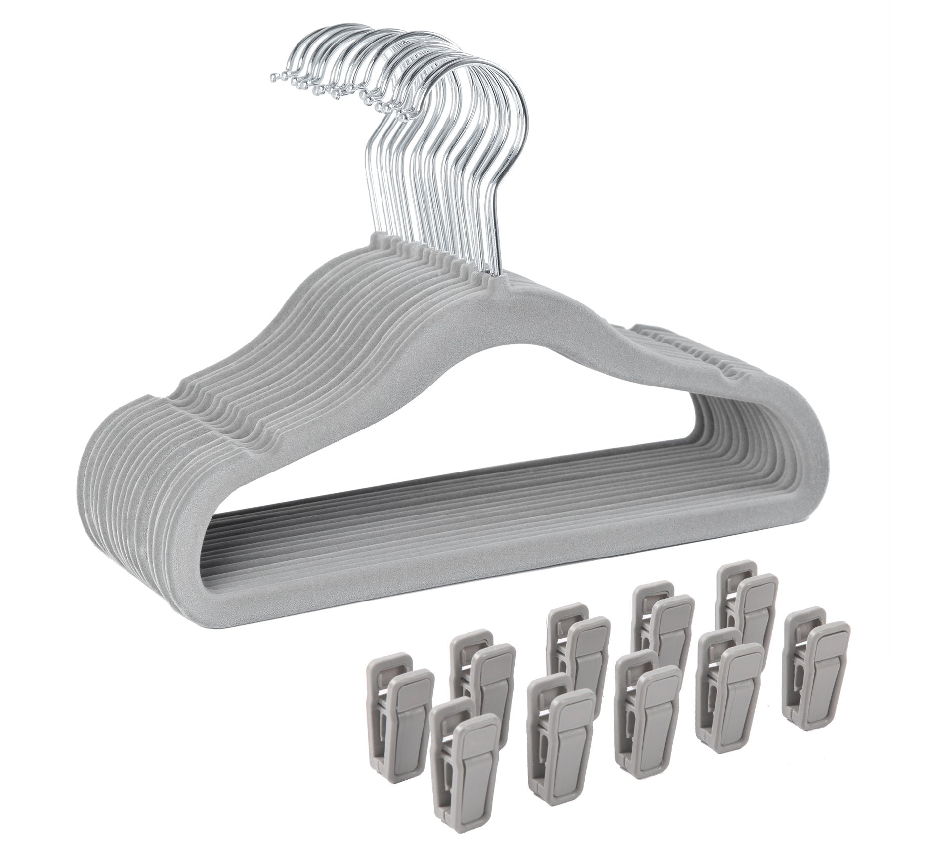 Finnhomy - Perchas antideslizantes para ropa para bebés y niños, paquete de 30 ganchos de terciopelo con 10 clips para dedos, color gris