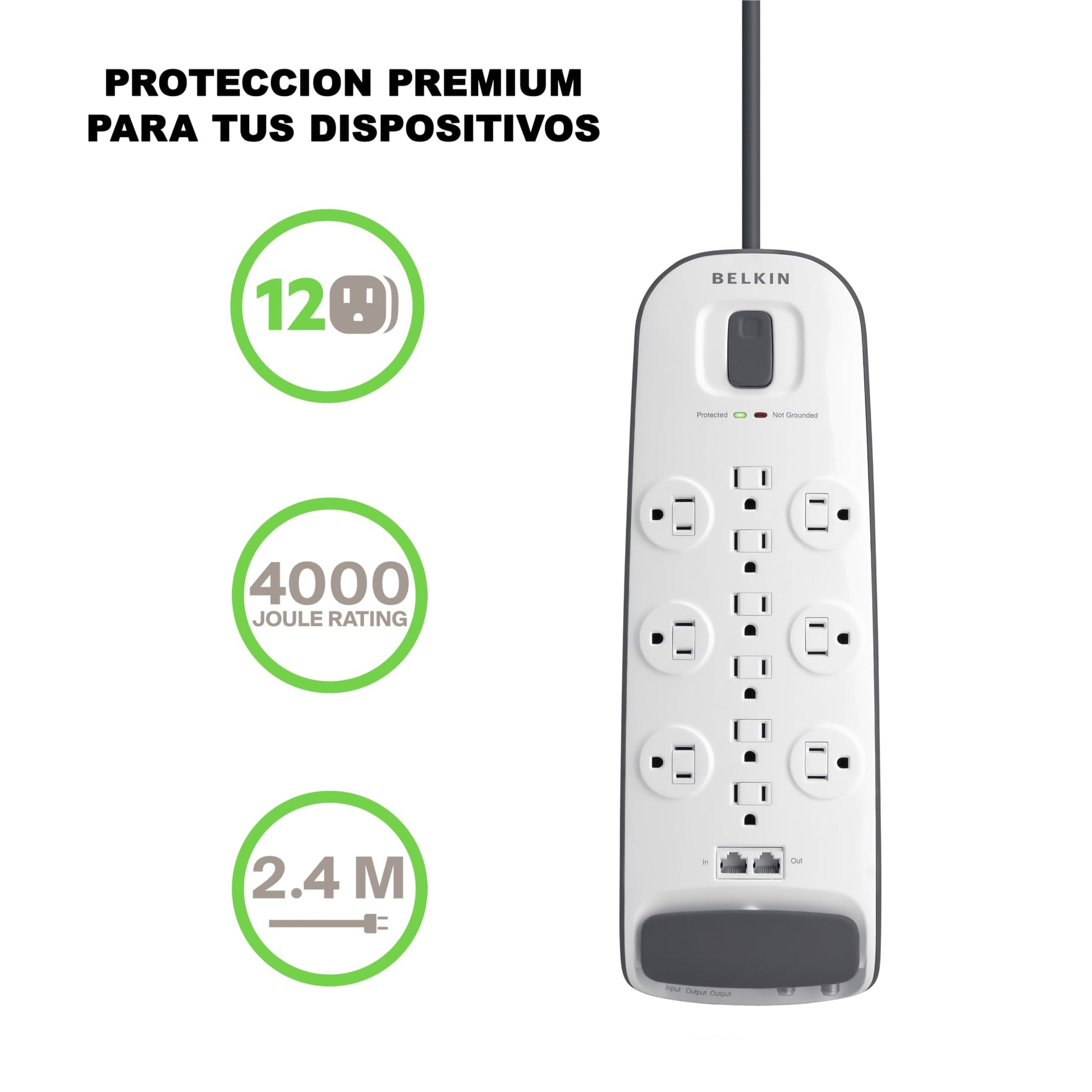 Belkin supresor de tensión con 12 salidas con cable y satélite; protección telefónica