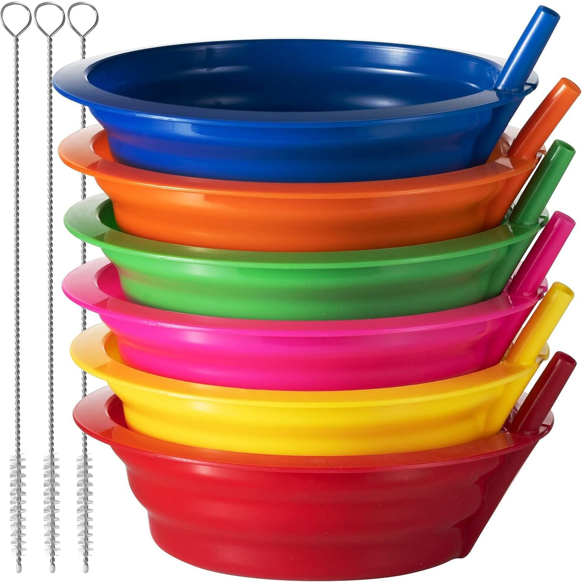 Tazones de Cereal con Popote para Niños - (Juego de 6 Tazones de 20oz) Plástico Reutilizable Libre de BPA con Popote Incorporado, Apto para Lavavajillas y Microondas, Incluye 3 Cepillos de Limpieza