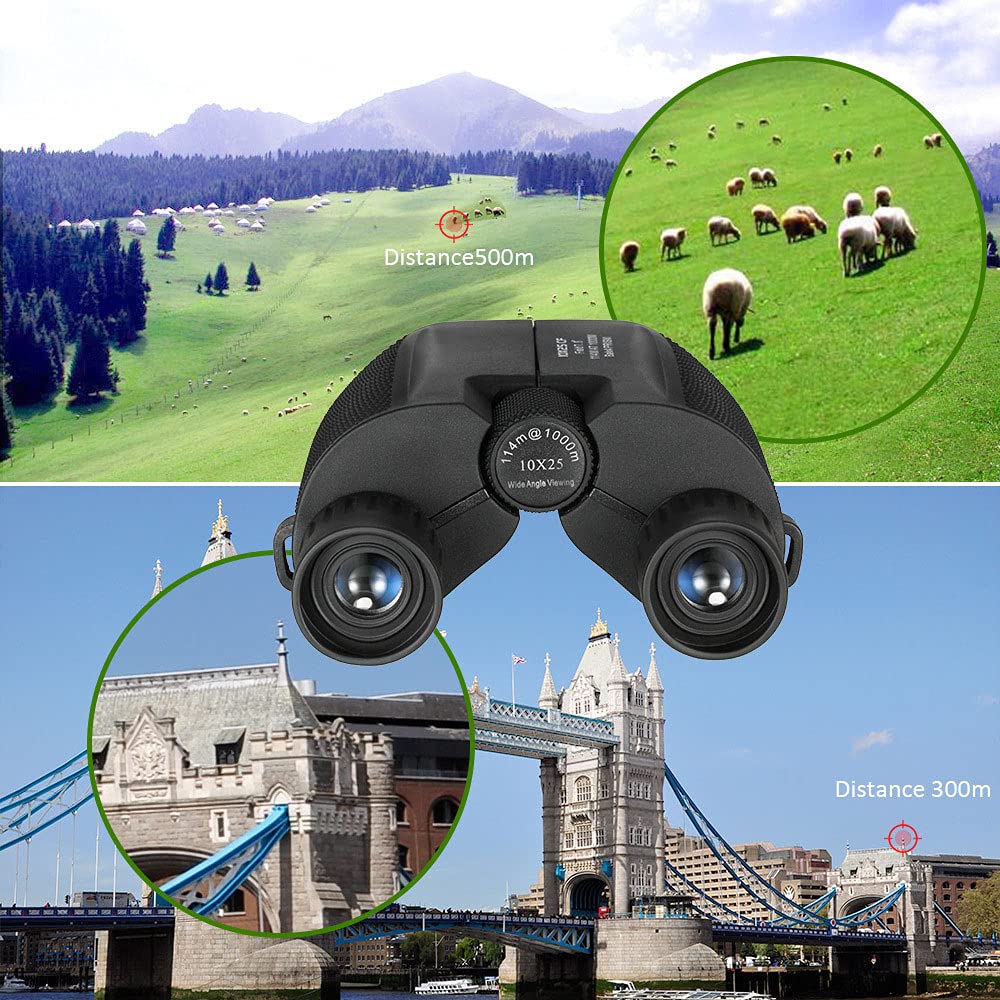 FUFENG Binoculares Plegables, Binoculares Prismáticos 10X25 con Alcance de Visión de hasta 1,000 Metros, Enfoque Manual para Senderismo, Campamento, Viajes, Caza, Conciertos (Negro)