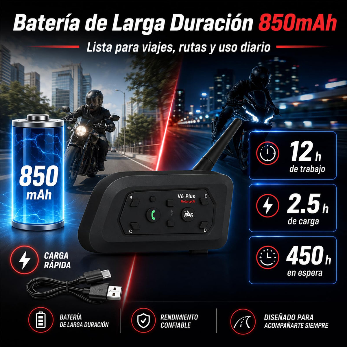 Casco Motocicleta con Auriculares Bluetooth Admite 6-Person Call hasta 1500 Metros