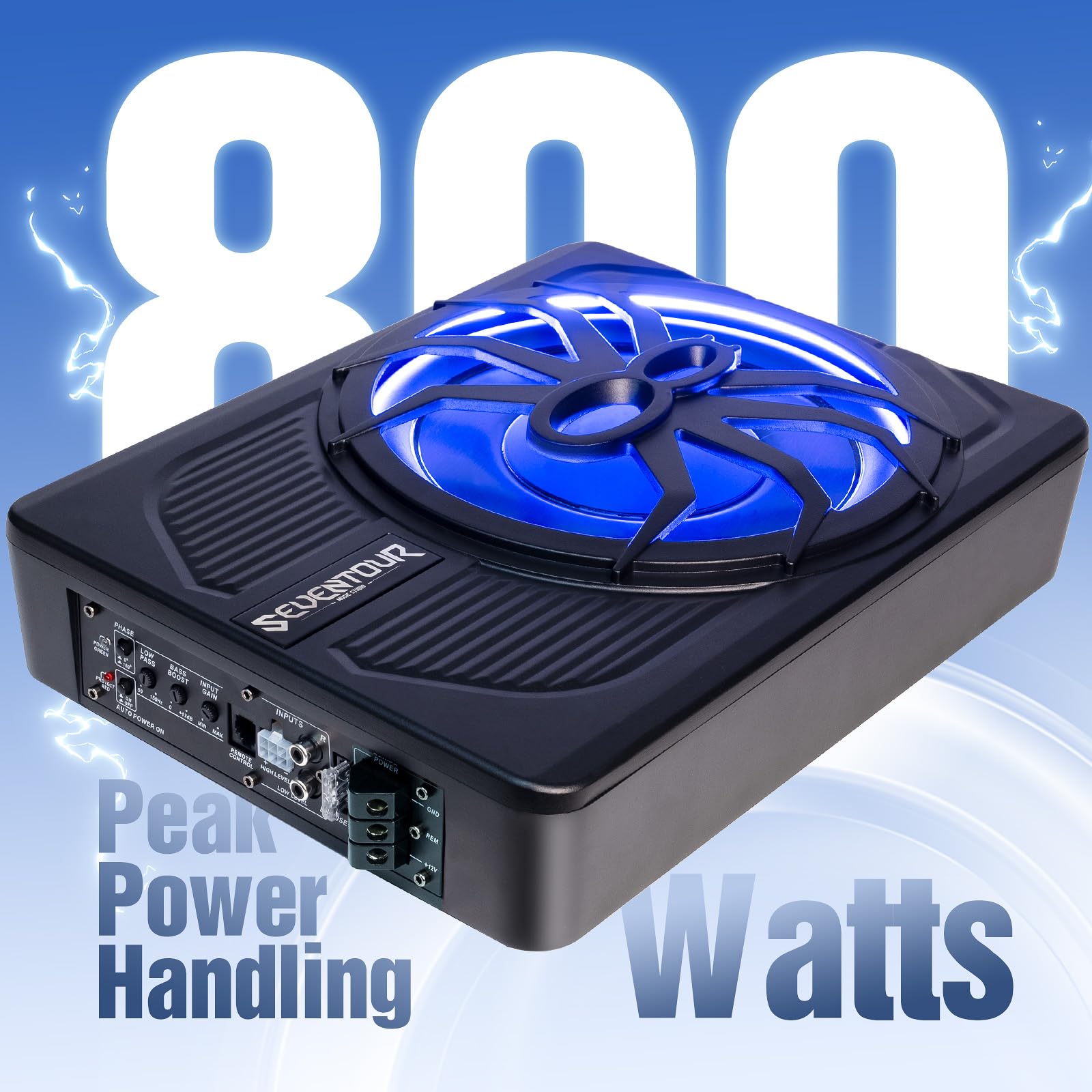 Subwoofer de 10 pulgadas de 800 W delgado alimentado por debajo del asiento, subwoofer de audio para coche/camión, amplificador integrado en combinación, con luz LED azul (subwoofer LED RGB + kit de