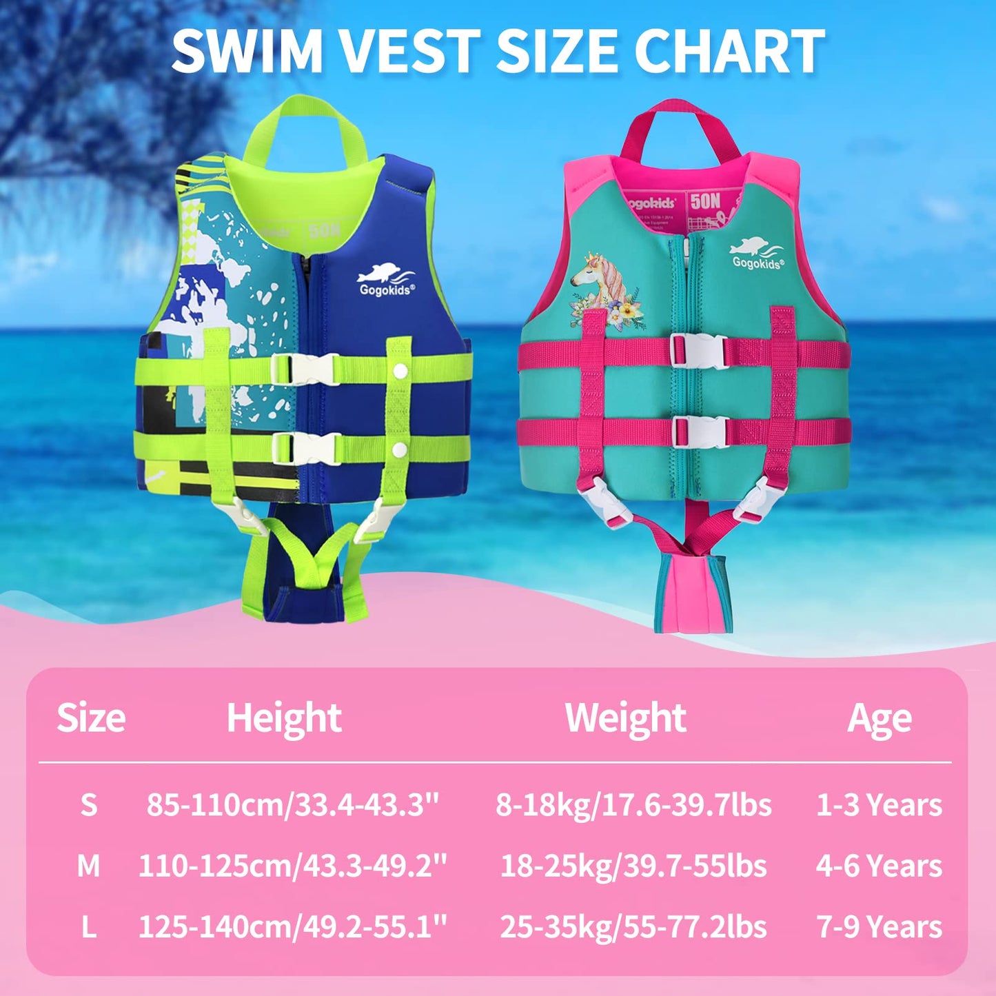 Gogokids - Chaleco de natación para niños pequeños, chamarra flotante para niñas y niños de 20-30-40-50 libras, flotadores de natación con correa de seguridad ajustable Duel, para niños de 2-9 años