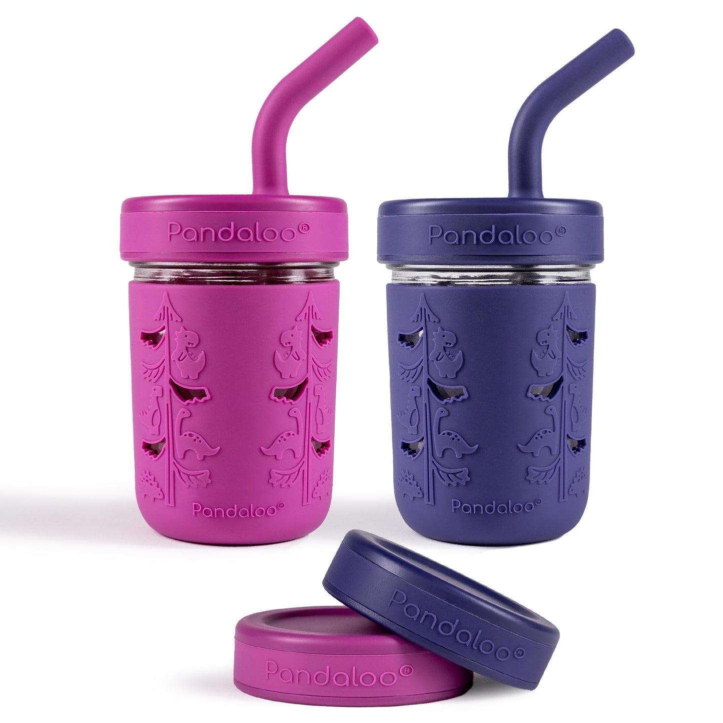 Pandaloo Mason Jar Vaso para Niños Pequeños | Vasos de Vidrio de 8 oz con Funda y Tapas de Silicona | Vasos Resistentes a Derrames para Batidos y Aperitivos para Niños | Sin BPA | Pajita Interior de