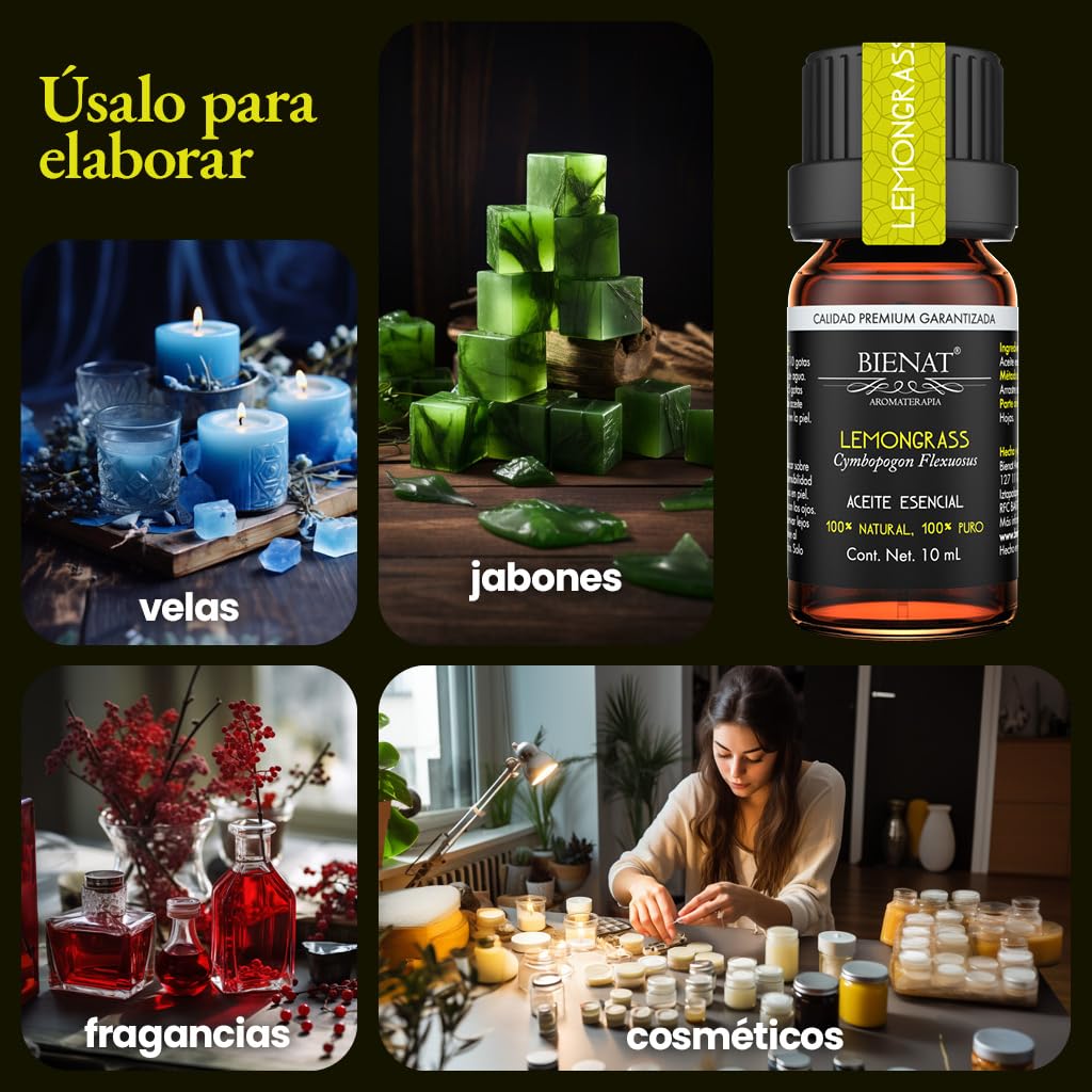 BIENAT AROMATERAPIA Aceite Esencial de Lemongrass 10mL | 100% Puro y Concentrado | Ideal para Difusor de Aromas, Humidificador, Aromaterapia, Masajes, Meditación, Jabones y Velas | Esencia Natural en Gotas