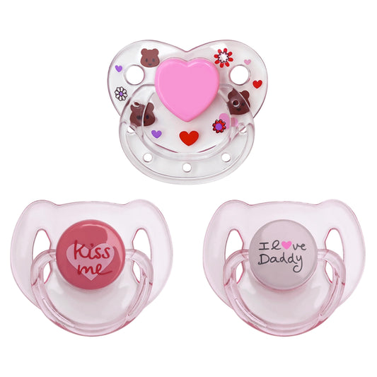 HELERKOL - Chupete magnético de estilo rosa, 3 piezas, accesorios de alimentación para muñecas recién nacidas, adecuado para regalos de niños (estilo rosa Kissme+Ilovedaddy+patrón de flores de oso de