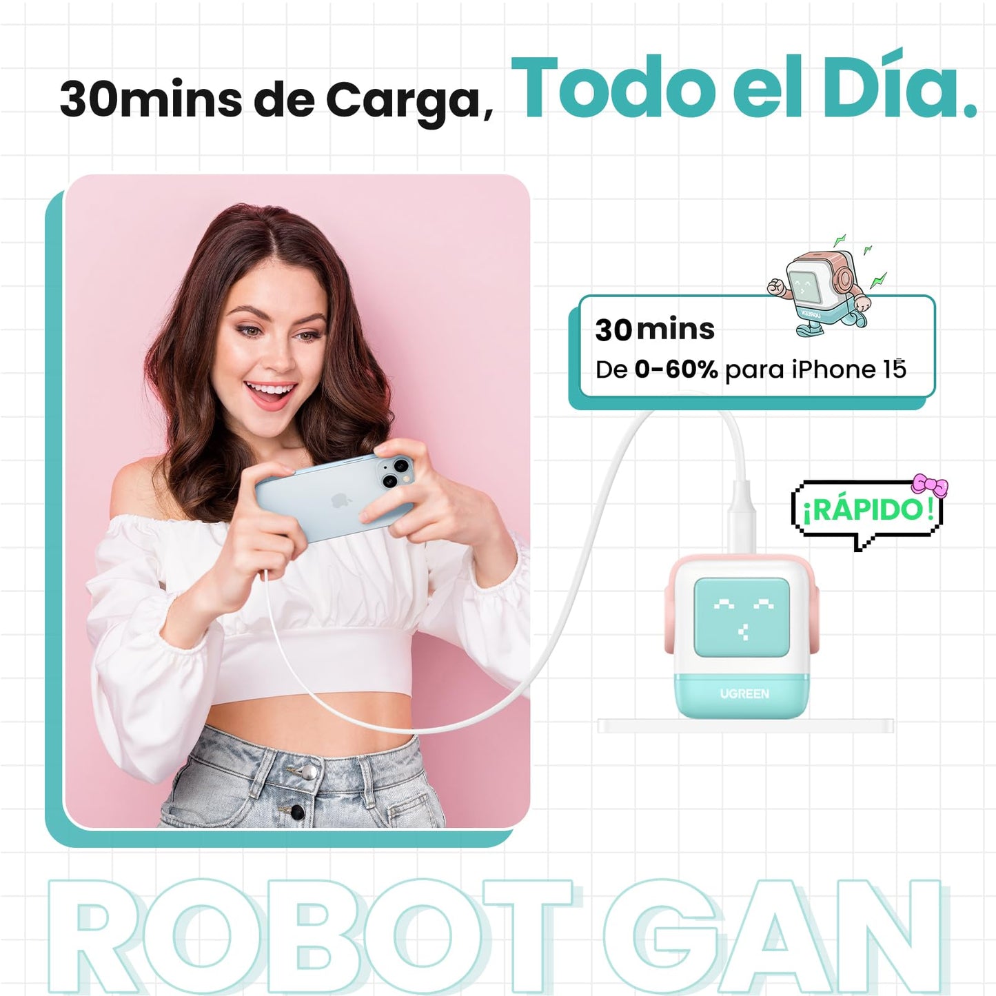 Cargador USB C UGREEN Nexode 20W Blanco Mini Compatible con iPhone 16 para Carga Rápida