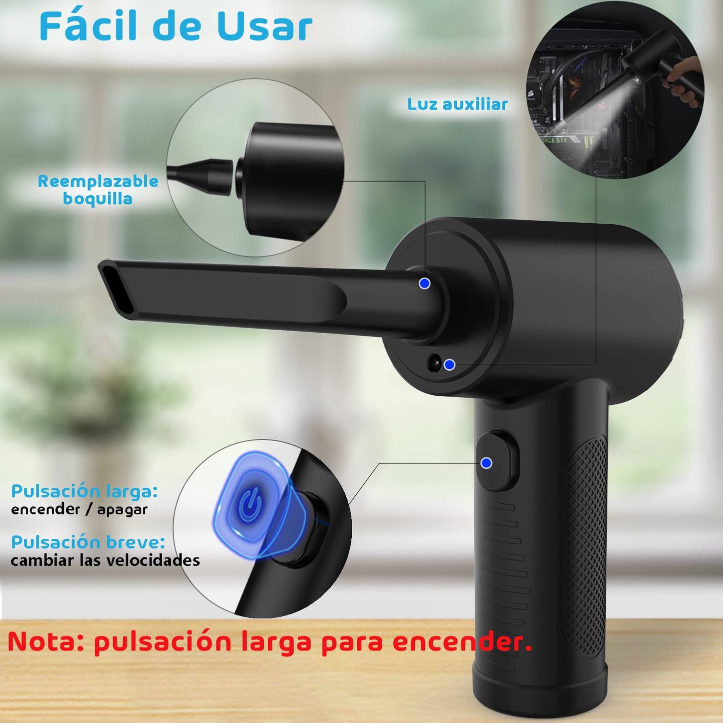 Soplador de Aire Eléctrico MESVIER Recargable 6000mAh con LED para PC y Muebles