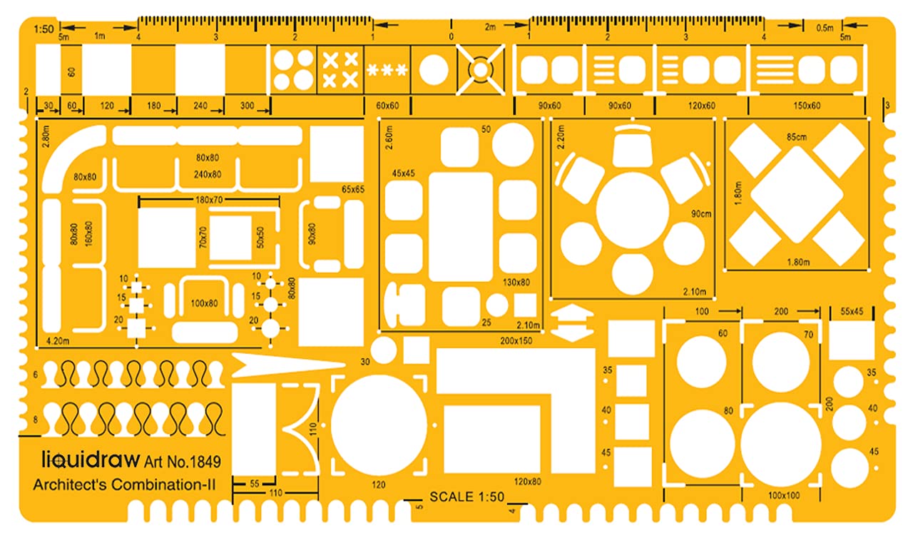 Liquidraw - Regla de escala arquitectónica a escala 1:50 para dibujar plantillas de arquitecto de material de dibujo técnico, símbolos de diseño de muebles de arquitectura para el piso interior de la casa, color naranja transparente