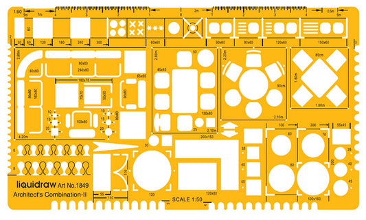 Liquidraw - Regla de escala arquitectónica a escala 1:50 para dibujar plantillas de arquitecto de material de dibujo técnico, símbolos de diseño de muebles de arquitectura para el piso interior de la casa, color naranja transparente
