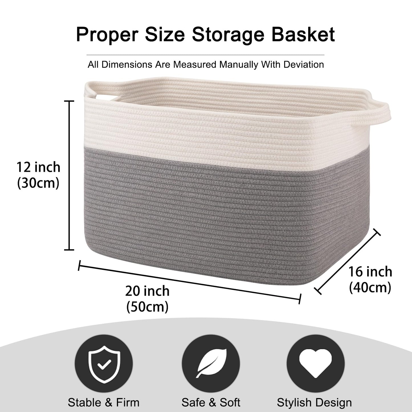 OIAHOMY - Cesta de manta grande, de algodón de 65 litros, cesta de ropa tejida para habitación de bebé, contenedor para almacenamiento de mantas en sala de estar, 20 x 16 x 12 pulgadas, gris y blanco