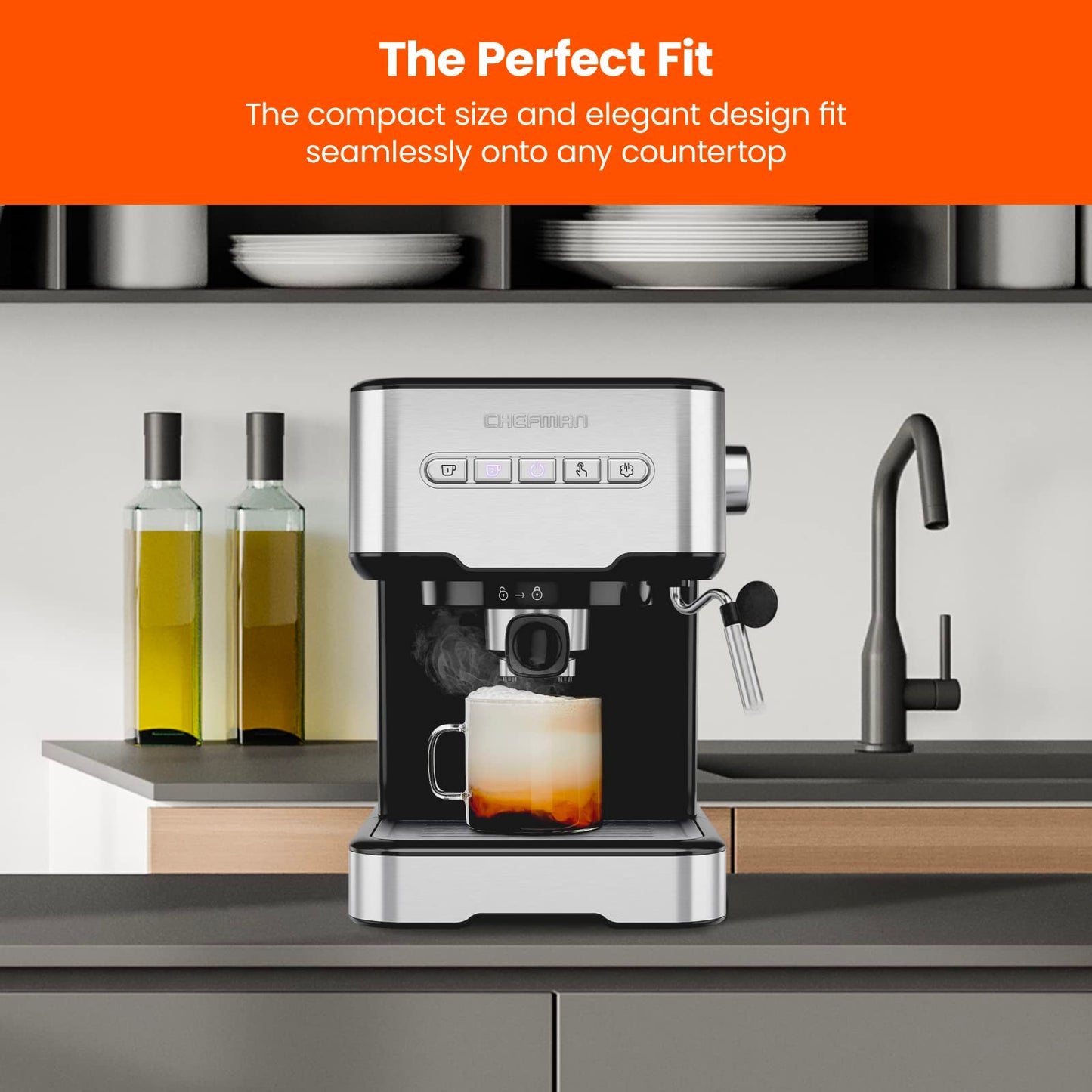Chefman - Máquina de café espresso , control digital, preparación individual o doble, piezas aptas para lavavajillas, acero inoxidable