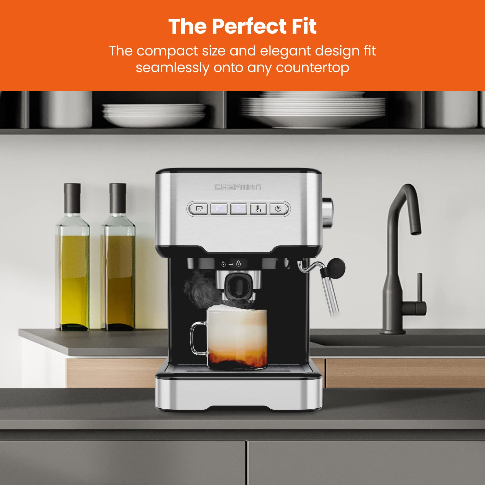 Chefman - Máquina de café espresso , control digital, preparación individual o doble, piezas aptas para lavavajillas, acero inoxidable