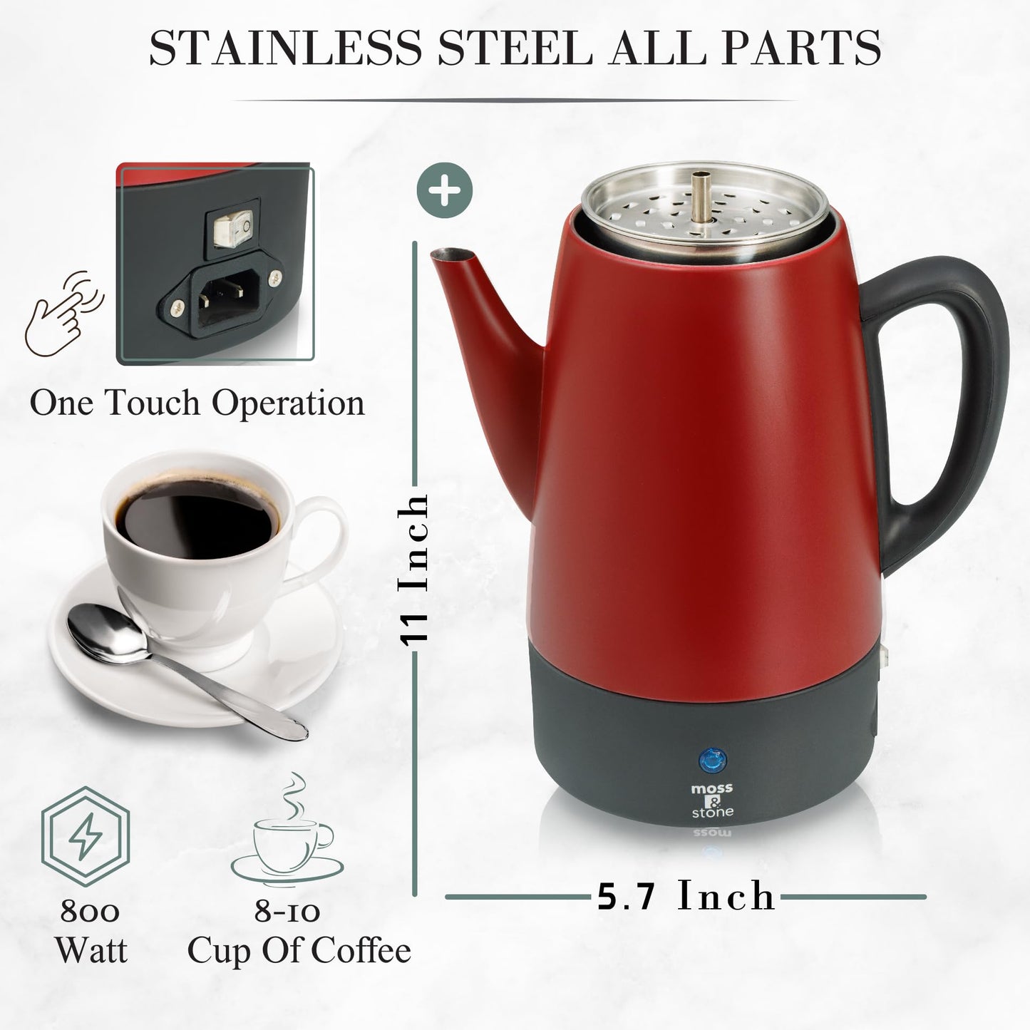 Cafetera eléctrica Moss & Stone, cuerpo rojo con tapa de acero inoxidable, cafetera eléctrica, cafetera de camping roja de 10 tazas