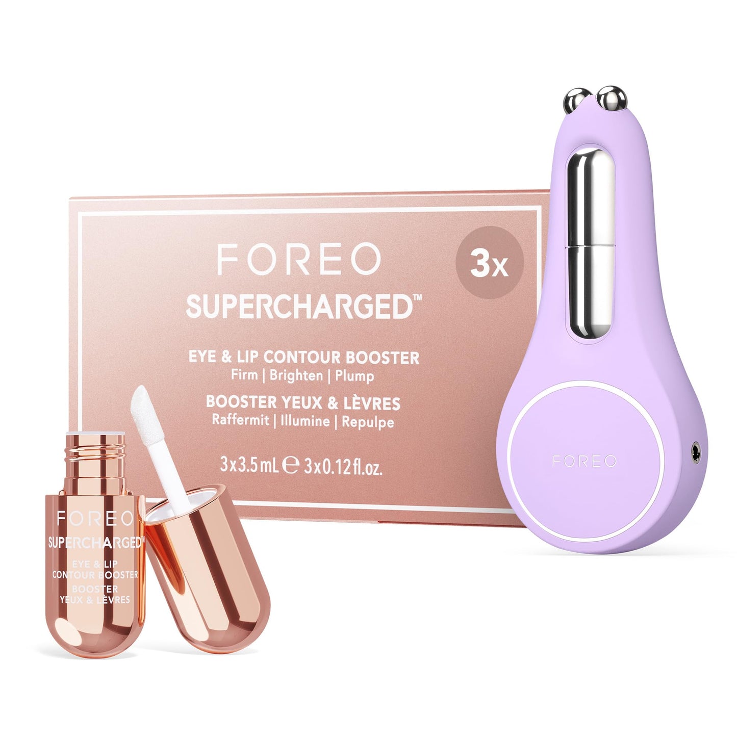 FOREO Set A Wink 'n' a Smile - BEAR 2 Eyes & Lips masajeador facial con radiofrecuencia - microcorrientes facial + 3x3,5 ml Sérum SUPERCHARGED Eye & Lip Contour Booster - Contorno de ojos - Lavander