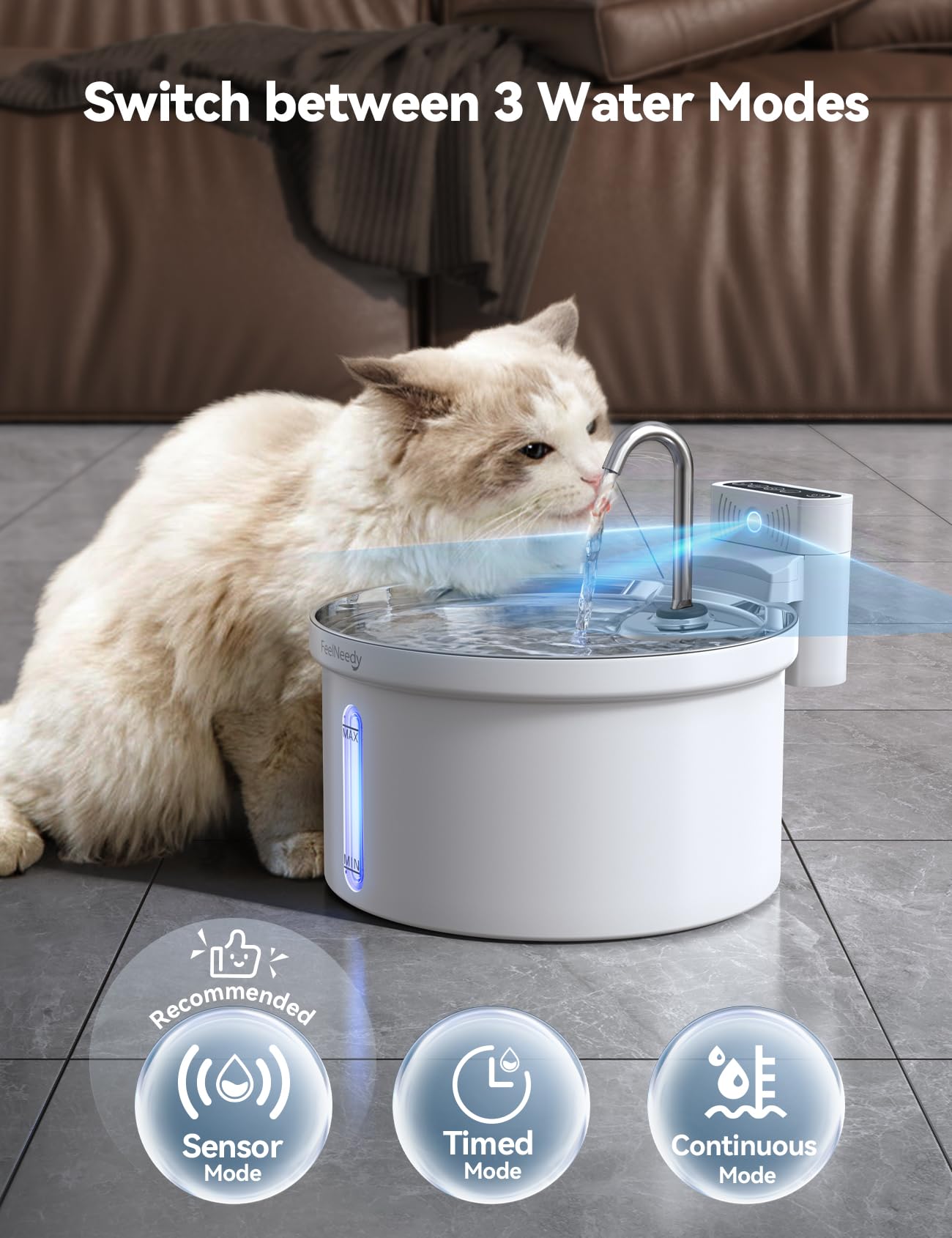 Fuente de agua inalámbrica para gatos [separación de agua y batería] FEELNEEDY Dispensador de agua para mascotas con sensor de movimiento, 3.5 l/12 onzas 4000 mAh con pilas para gatos, perros con 6