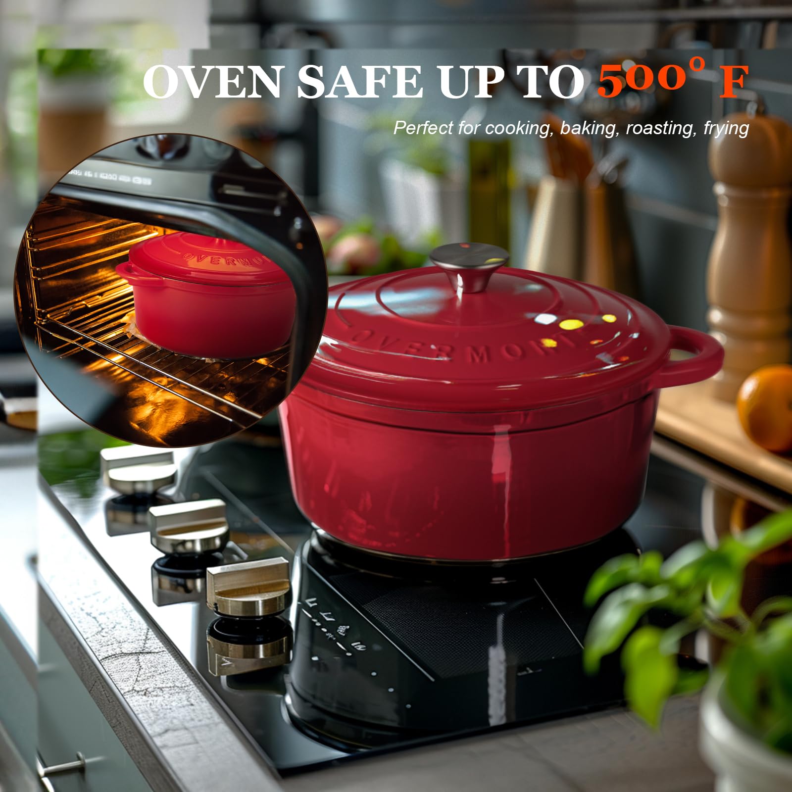 Overmont - Horno holandés de hierro fundido esmaltado, utensilios de cocina de 7 cuartos con tapas de algodón resistentes al calor, olla de esmalte resistente con tapa para estofados, asar pan y