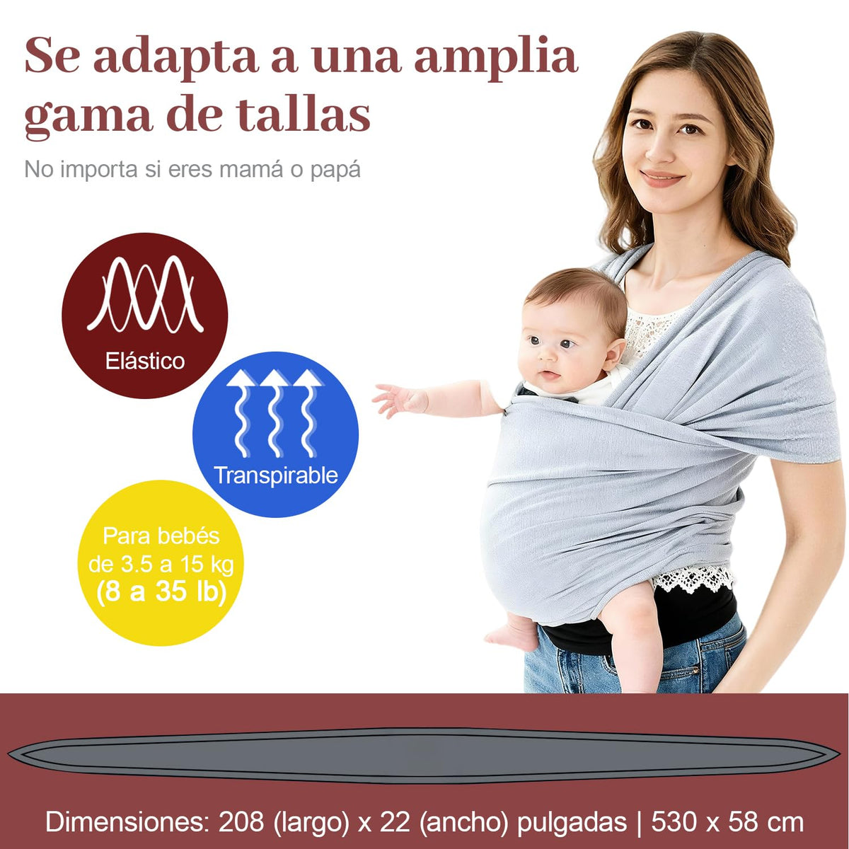 Fular Ergonómico para Bebé, Fular portabebés elástico todo en 1, Fular para bebé, Transpirable Fresco, Hasta 10Kg, para mamás y papás, regalo perfecto para viajar(Gris claro)