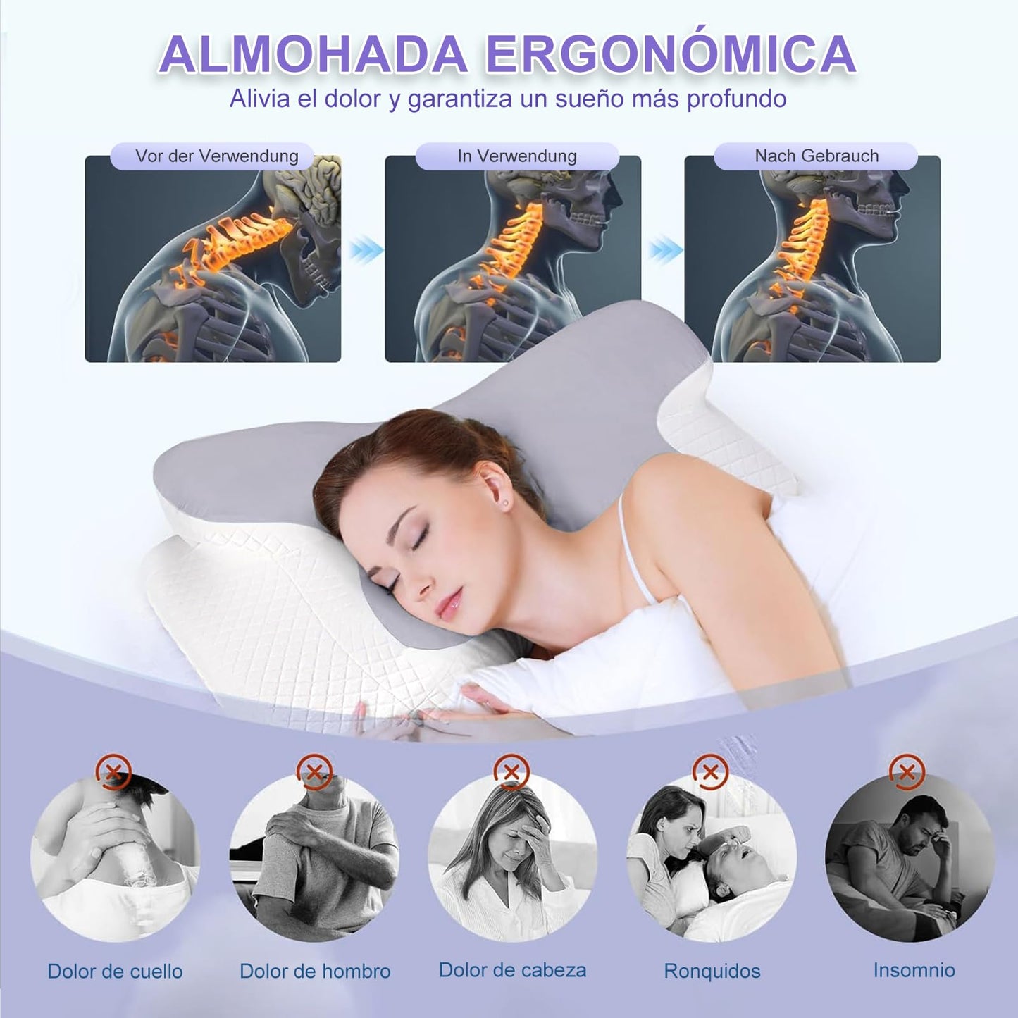 JeeLeeko Almohada Cervical de Espuma viscoelástica Almohada ortopédica ergonómica 2 en 1 Que Alivia el Dolor de Cuello y Brinda Soporte Contorneado para Personas Que Duermen de Lado,Gris