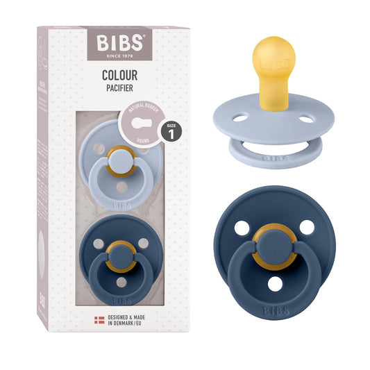 BIBS Chupones Colour Pack de 2, Tetina redonda de látex natural, Talle 1, Color Dusty Blue/Steel Blue, 0 a 6 meses, Hecho en Dinamarca