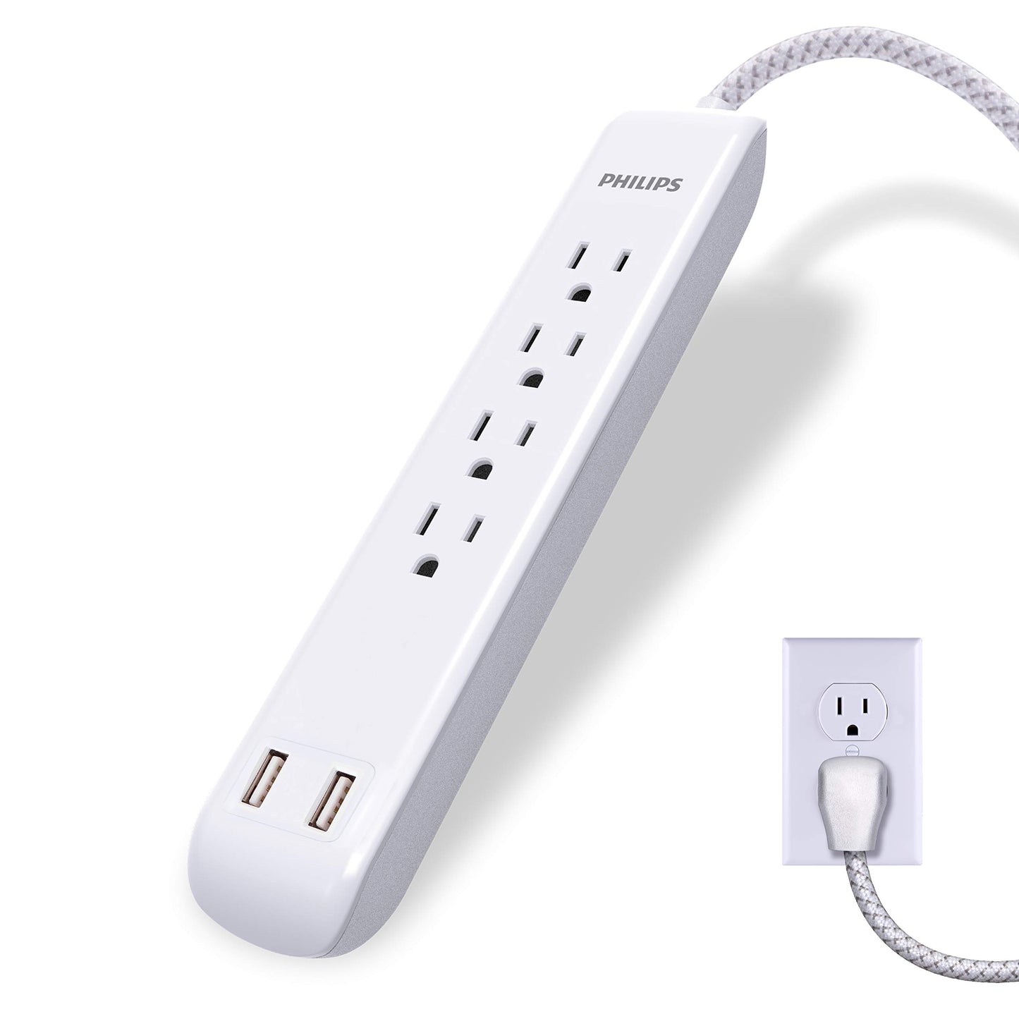 PHILIPS Protector contra sobretensiones de regleta de 4 Salidas con 2 Puertos USB, Cable de alimentación de 1,2 m, Enchufe Plano, 720 Julios, Blanco, SPC6244WCT1 / 37