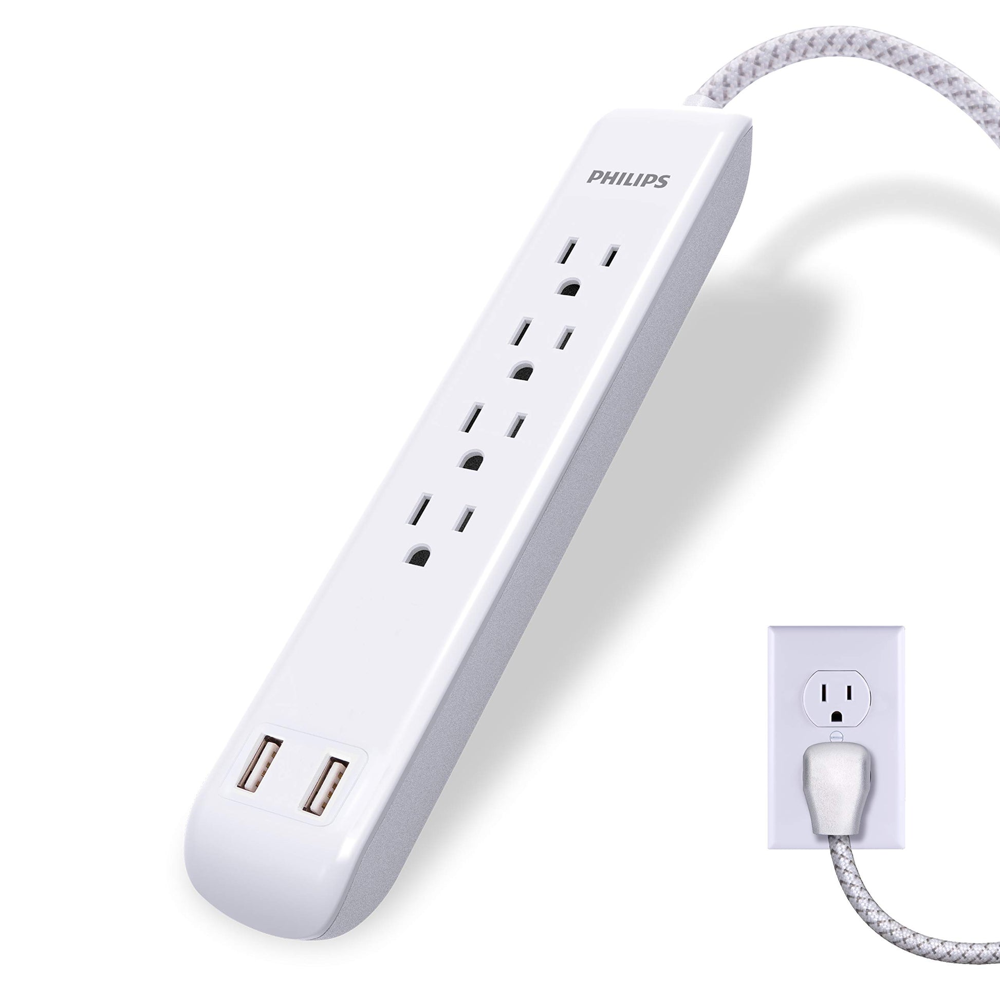 PHILIPS Protector contra sobretensiones de regleta de 4 Salidas con 2 Puertos USB, Cable de alimentación de 1,2 m, Enchufe Plano, 720 Julios, Blanco, SPC6244WCT1 / 37