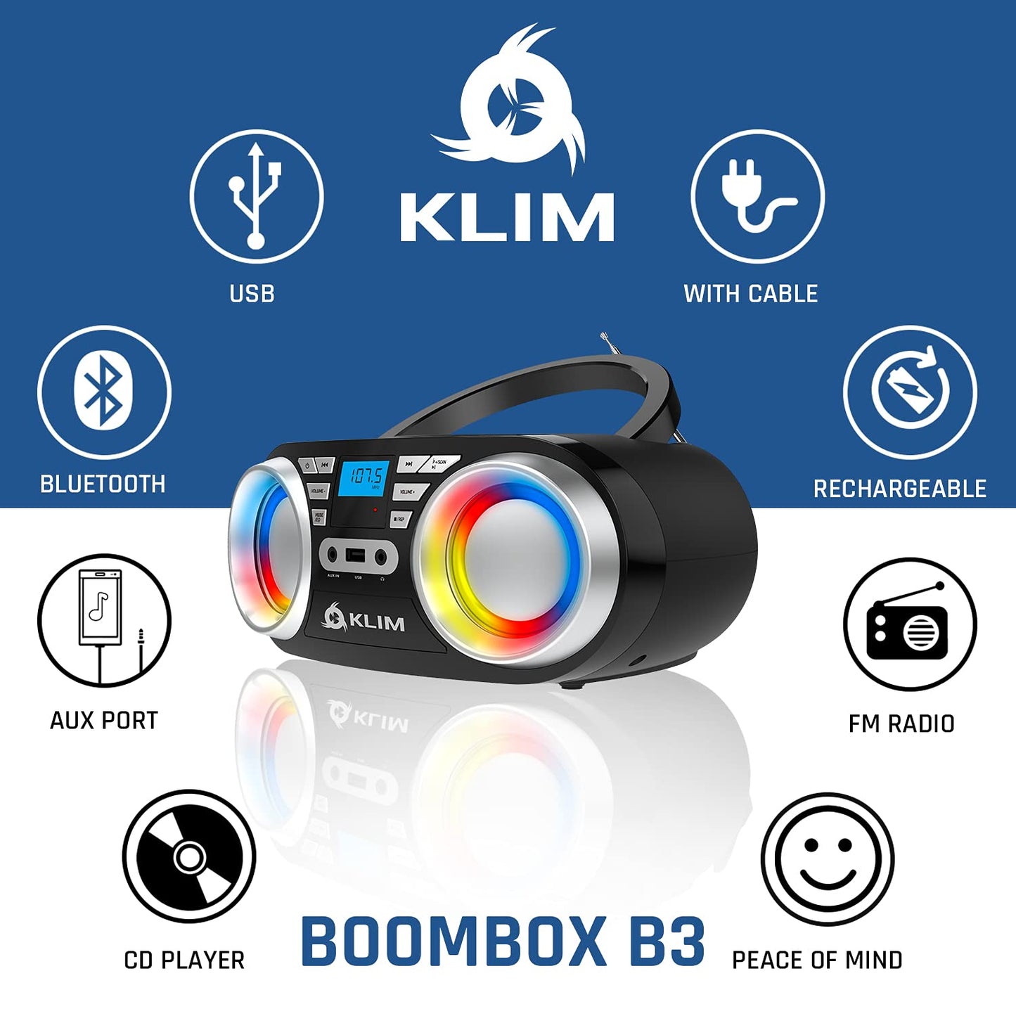 KLIM B3 CD Boombox Reproductor de CD de audio portátil, radio FM, batería recargable, Bluetooth, MP3 y AUX (renovado)