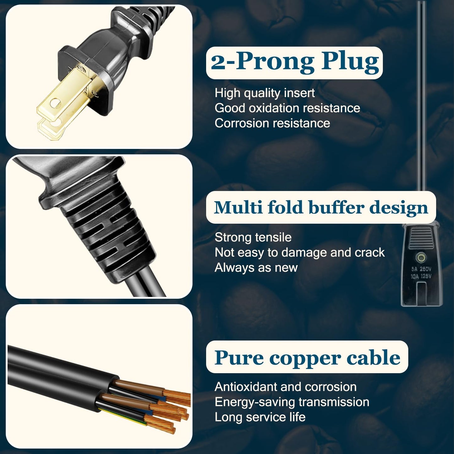 HASMX Cable de alimentación de 6 pies de largo 1/2 pulgada para cafetera Farberware y Presto Super Speed Percolator de 1/2 pulgadas, también para muchos electrodomésticos pequeños con espacio de 1/2