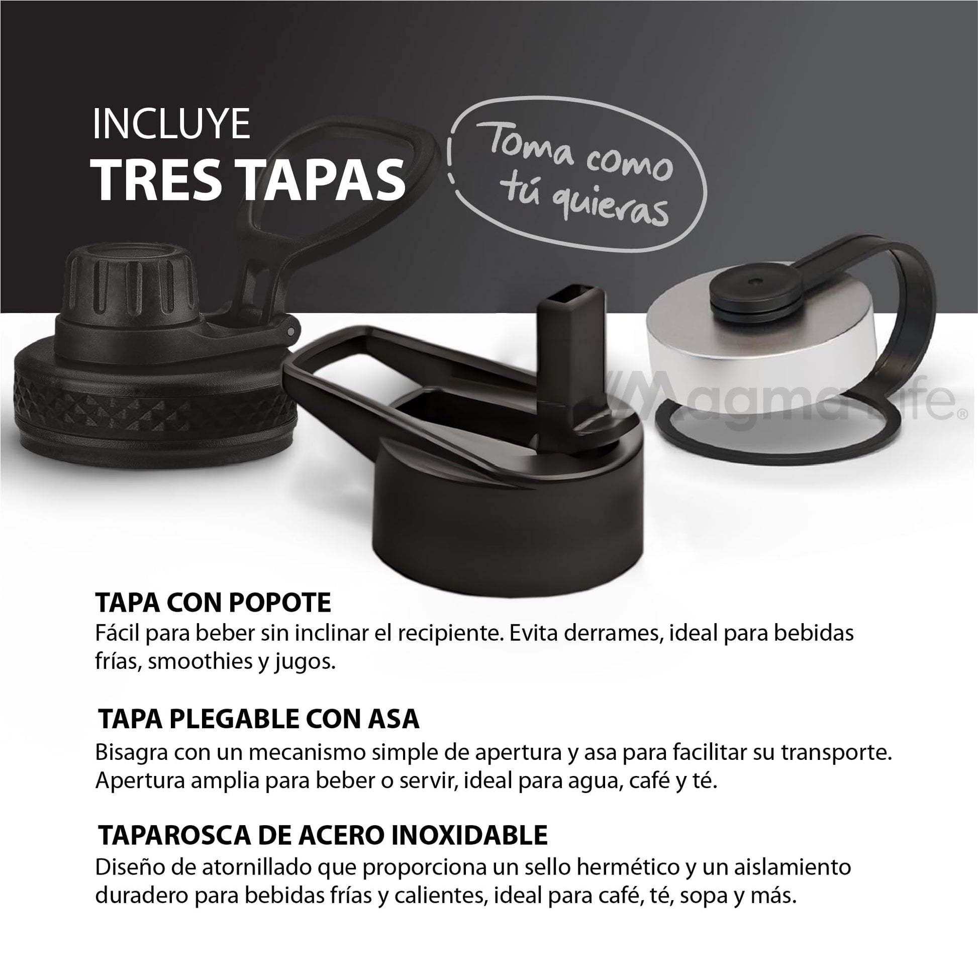 Magma Life Termo para Café y Agua de Acero Inoxidable 32 Oz (950 ml): Contiene 3 Tapas para Diferentes tipos de Bebidas, Ideal para Mantener la Temperatura Deseada (Navy)