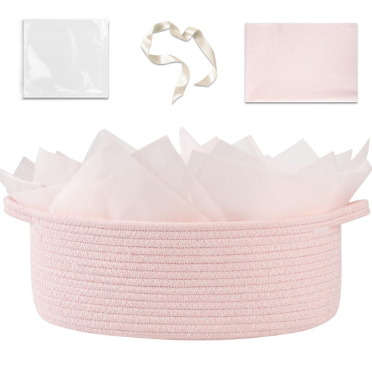 OIAHOMY - Cesta de regalo con asa, cesta tejida de 13.4 x 10 x 5.5 pulgadas, con bolsa de regalo, cinta y papel de seda, contenedores vacíos para llenar con toallas, bebé, organizador de juguetes para