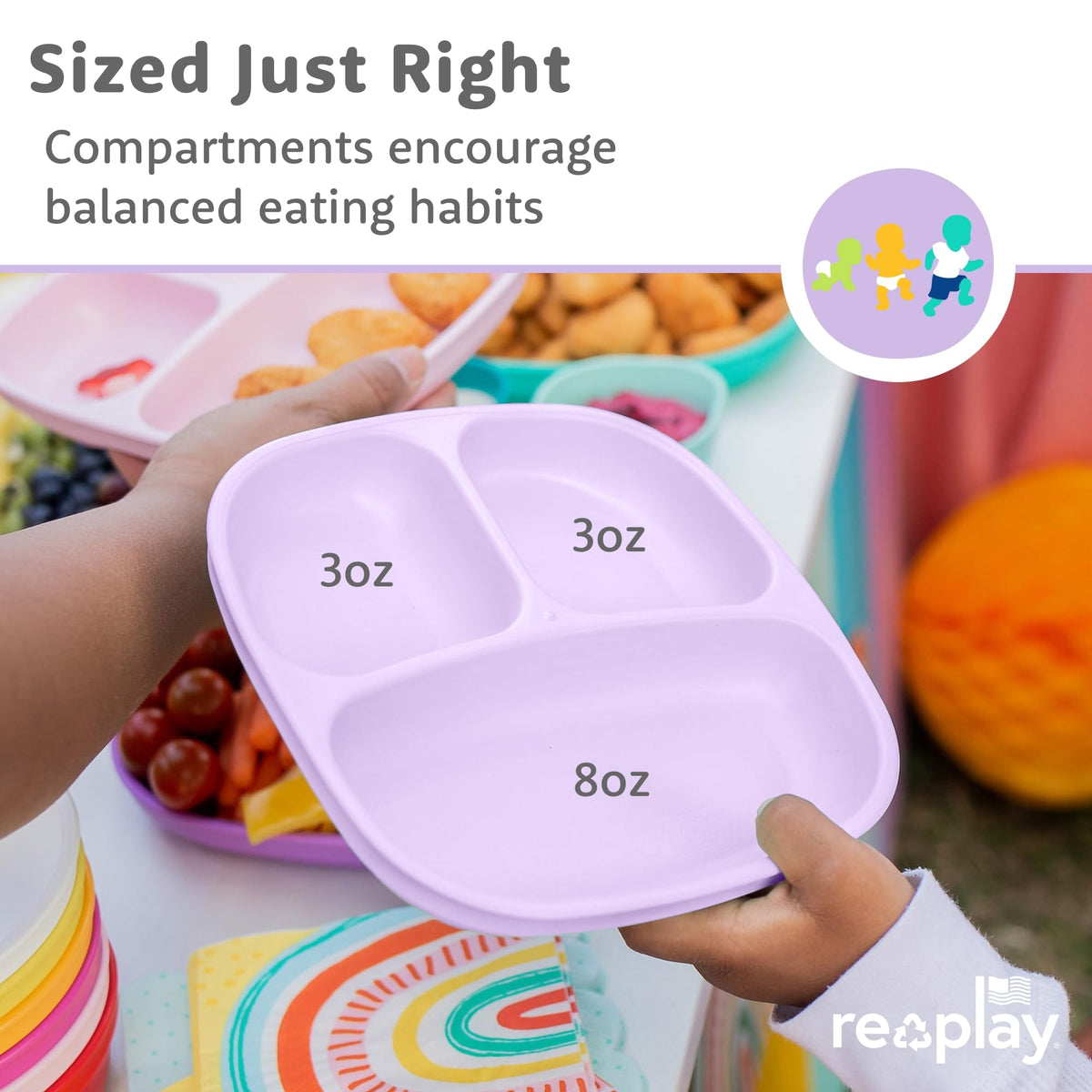 Re-Play - Platos para niños pequeños con divisores, 3 compartimentos divididos de paredes profundas para niños, aptos para lavaplatos y microondas, fabricado en Estados Unidos, juego de 3, Bubble Pop